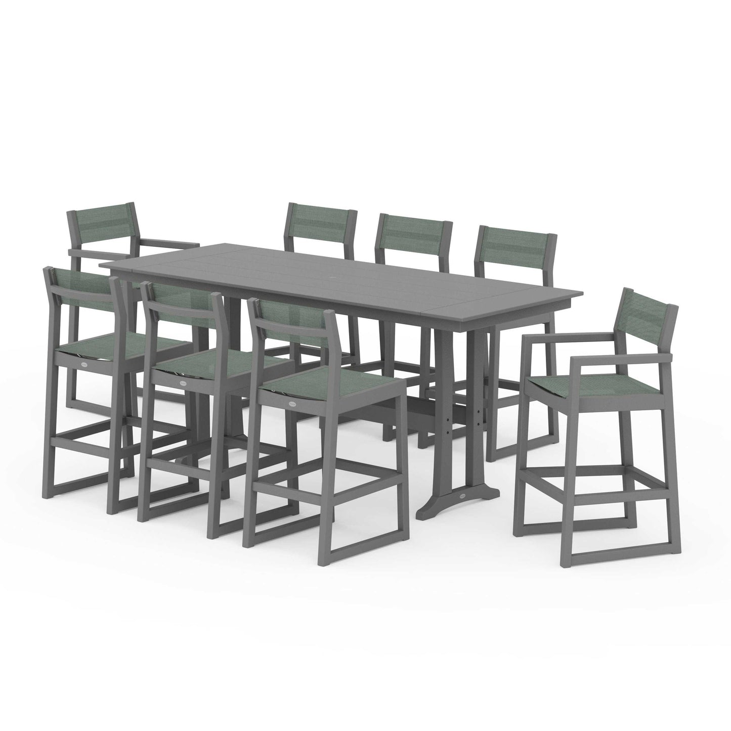 POLYWOOD EDGE Sling 9-Piece Farmhouse Bar Set with Trestle Legs — Slate Grey / Dupioni Sea Mist Sling