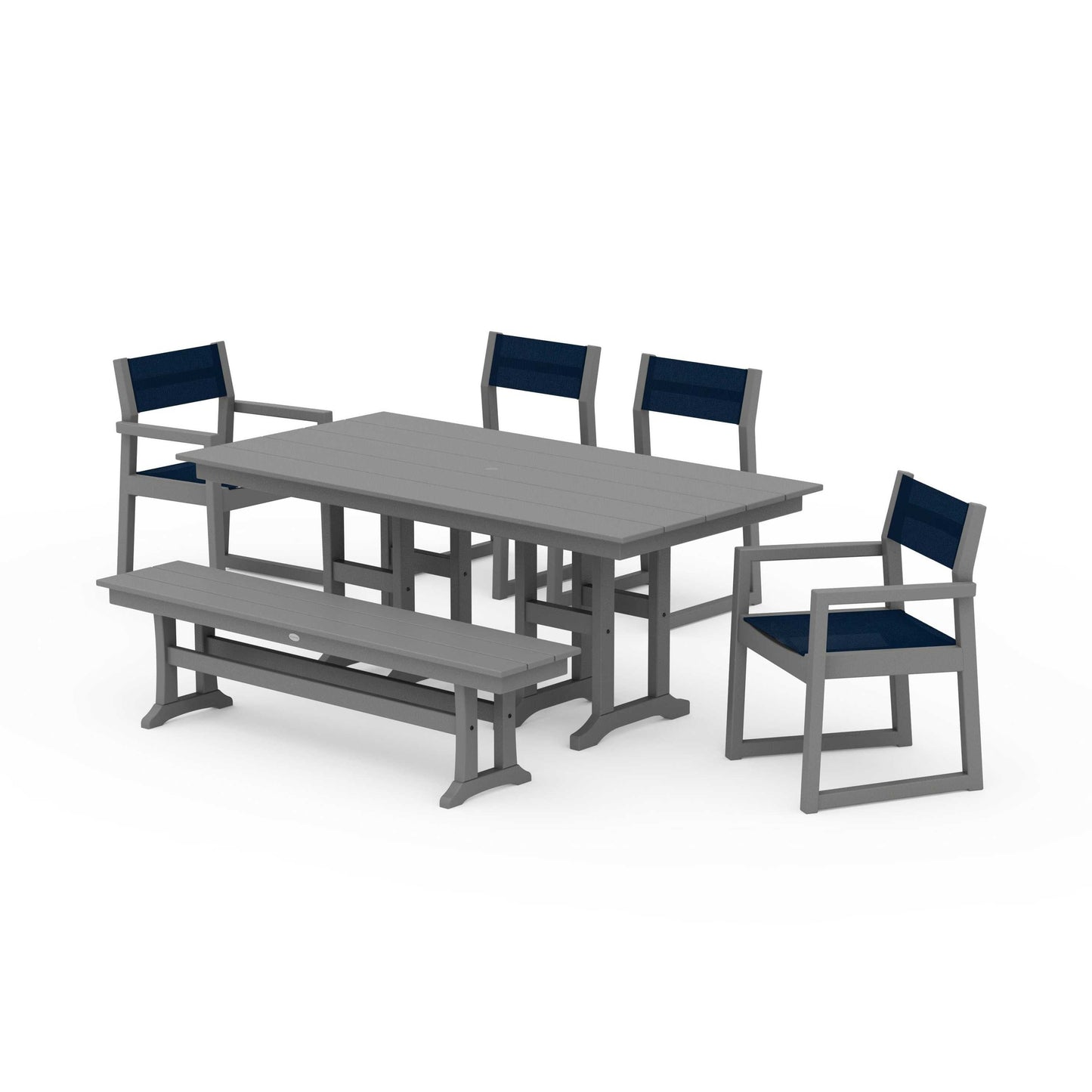 POLYWOOD EDGE Sling 6-Piece Farmhouse Dining Set — Slate Grey / Navy Blue Sling