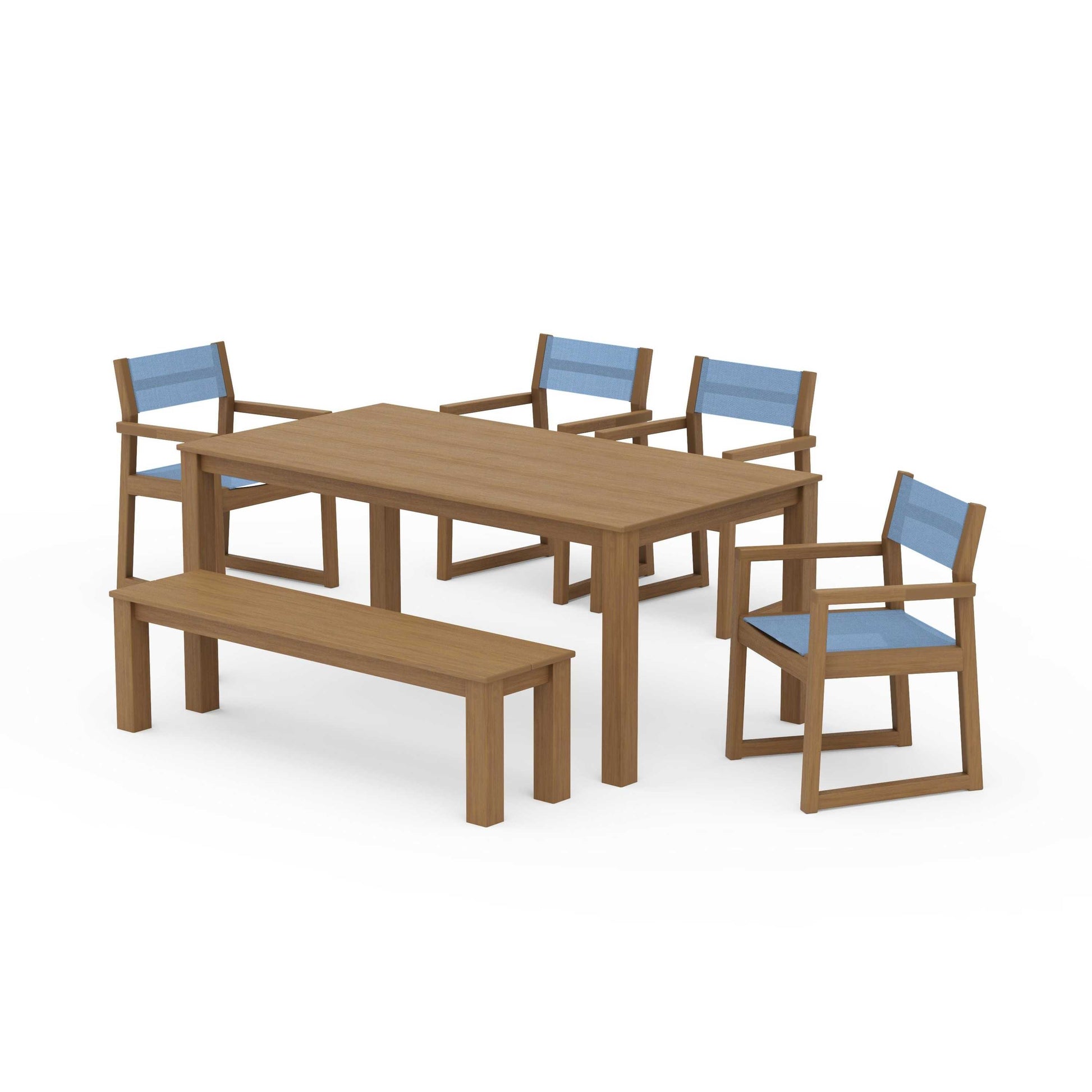 POLYWOOD EDGE Sling Arm Chair 6-Piece Parsons Dining Set with Bench — Natural / Poolside Sling