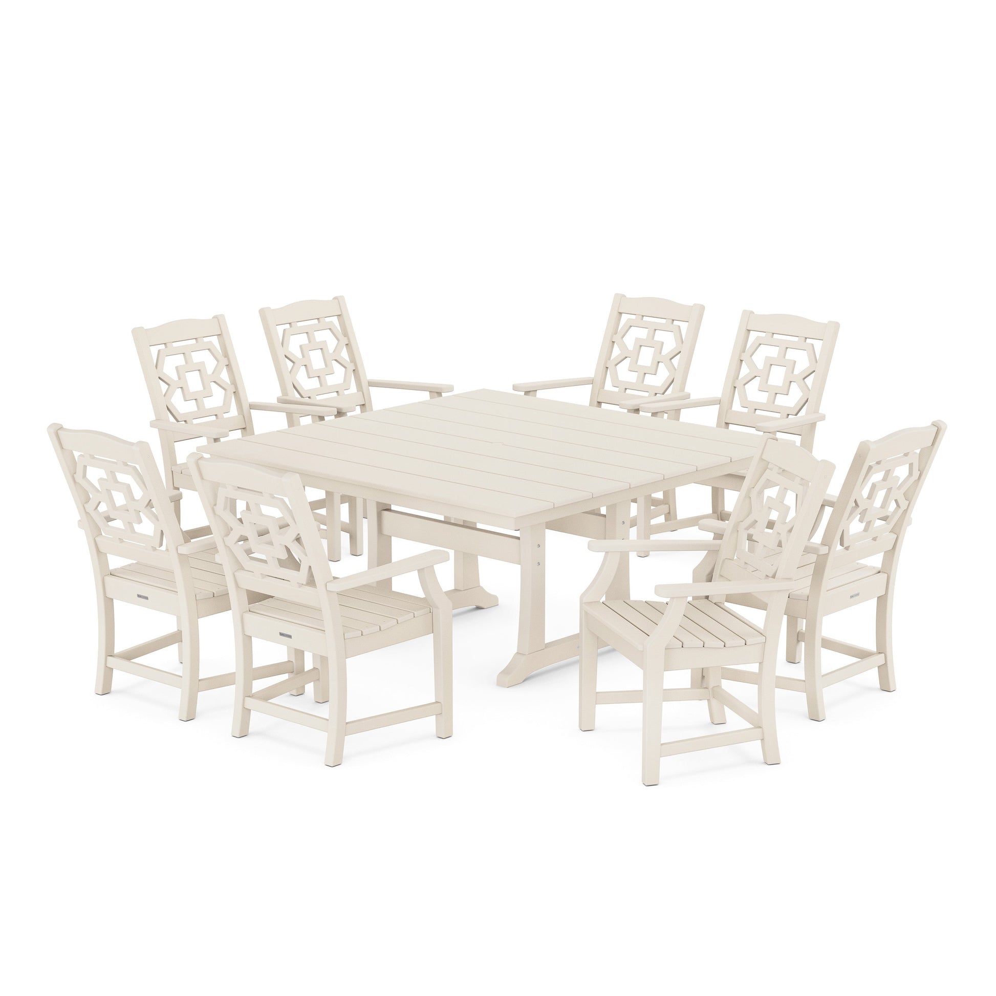 POLYWOOD Chinoiserie 9-Piece Square Farmhouse Dining Set with Trestle Legs — Sand