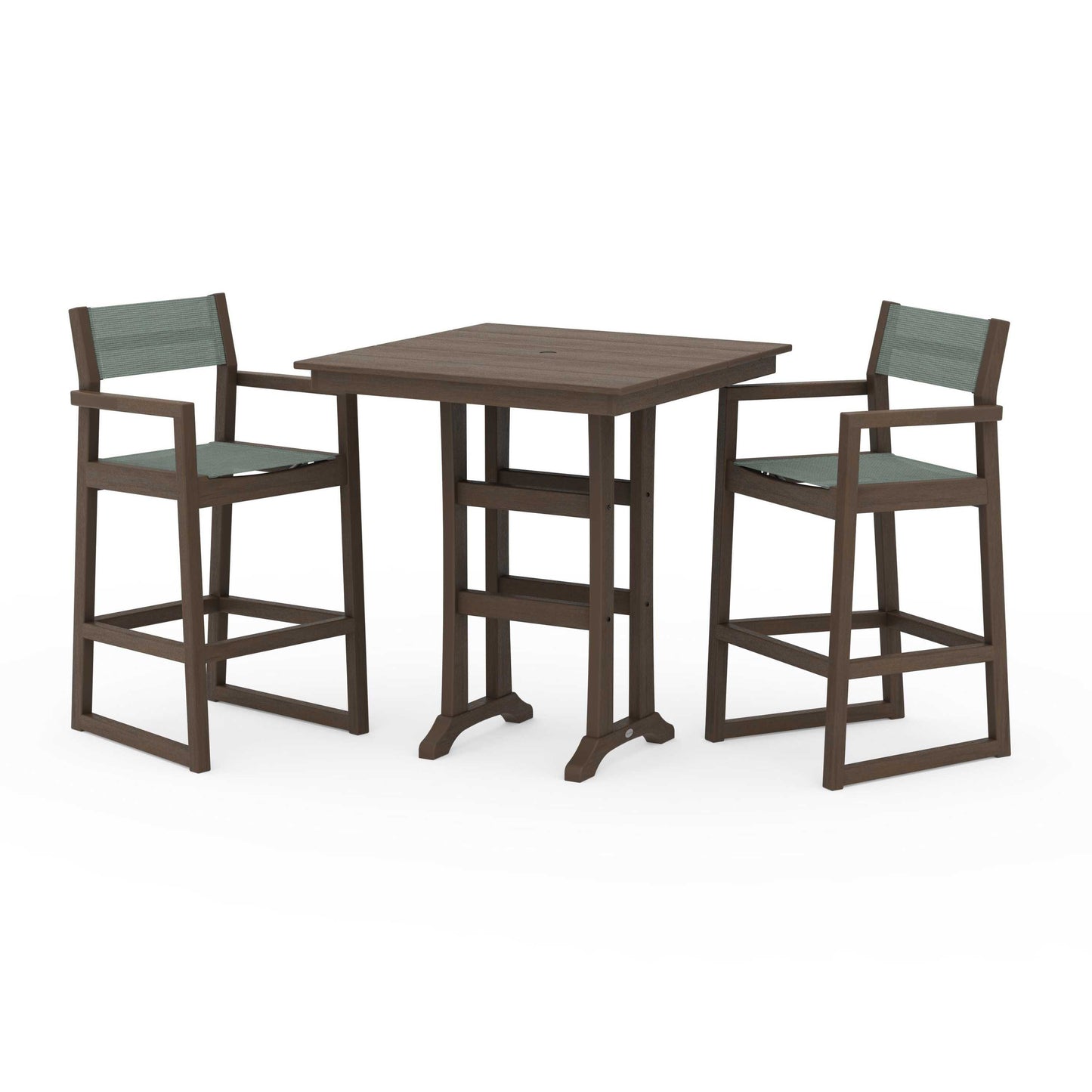 POLYWOOD EDGE Sling Arm Chair 3-Piece Farmhouse Bar Set with Trestle Legs — Kona / Dupioni Sea Mist Sling