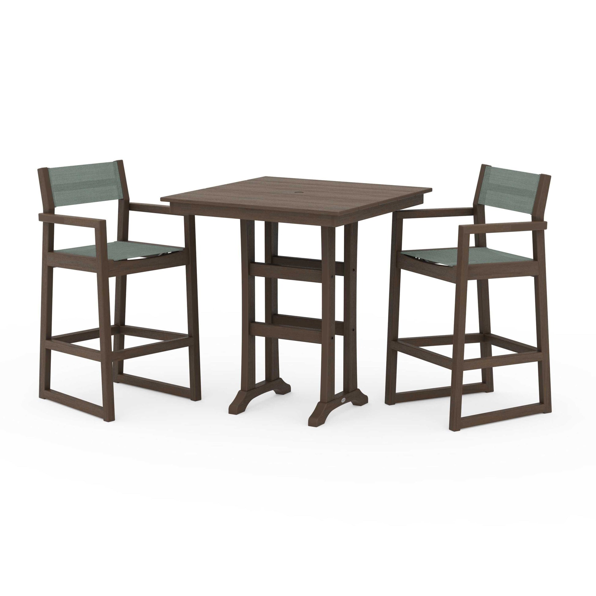 POLYWOOD EDGE Sling Arm Chair 3-Piece Farmhouse Bar Set with Trestle Legs — Kona / Dupioni Sea Mist Sling