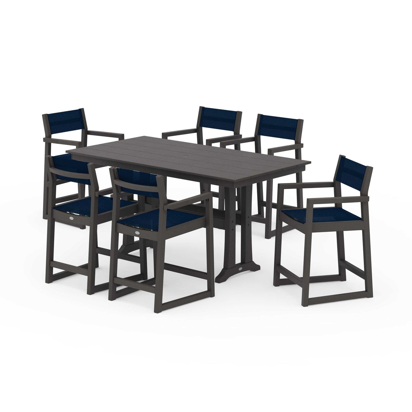 POLYWOOD EDGE Sling Arm Chair 7-Piece Farmhouse Counter Set with Trestle Legs — Vintage Coffee / Navy Blue Sling