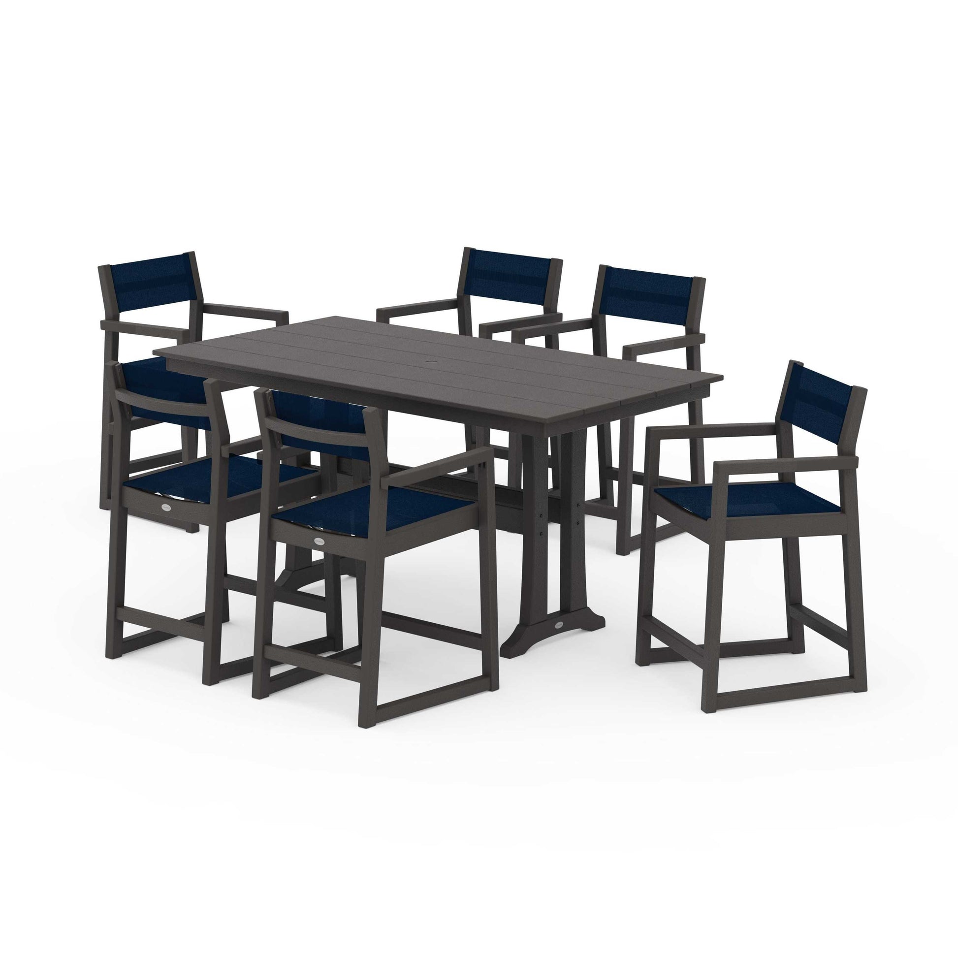 POLYWOOD EDGE Sling Arm Chair 7-Piece Farmhouse Counter Set with Trestle Legs — Vintage Coffee / Navy Blue Sling