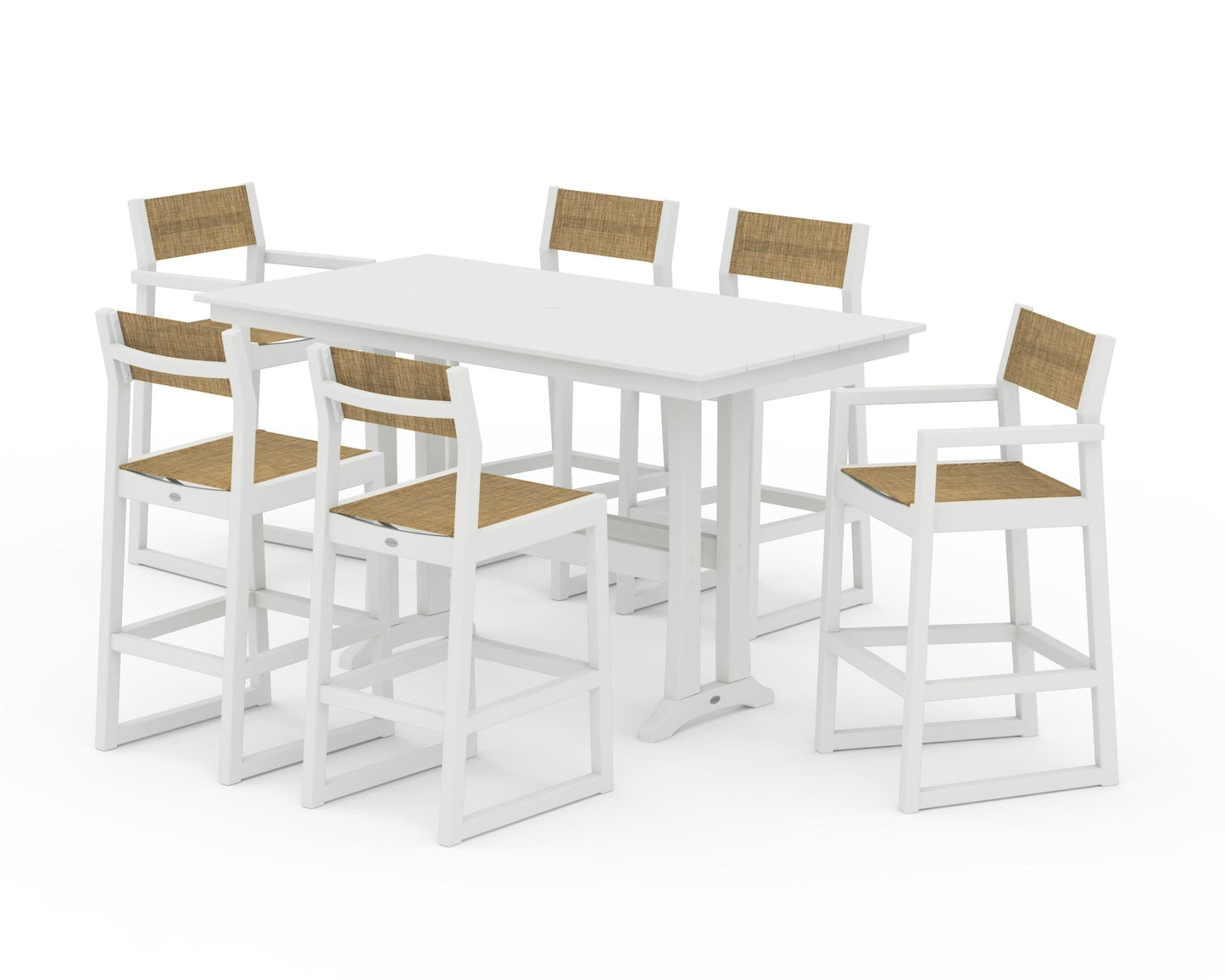 POLYWOOD EDGE Sling 7-Piece Farmhouse Bar Set with Trestle Legs — Vintage White / Burlap Sling