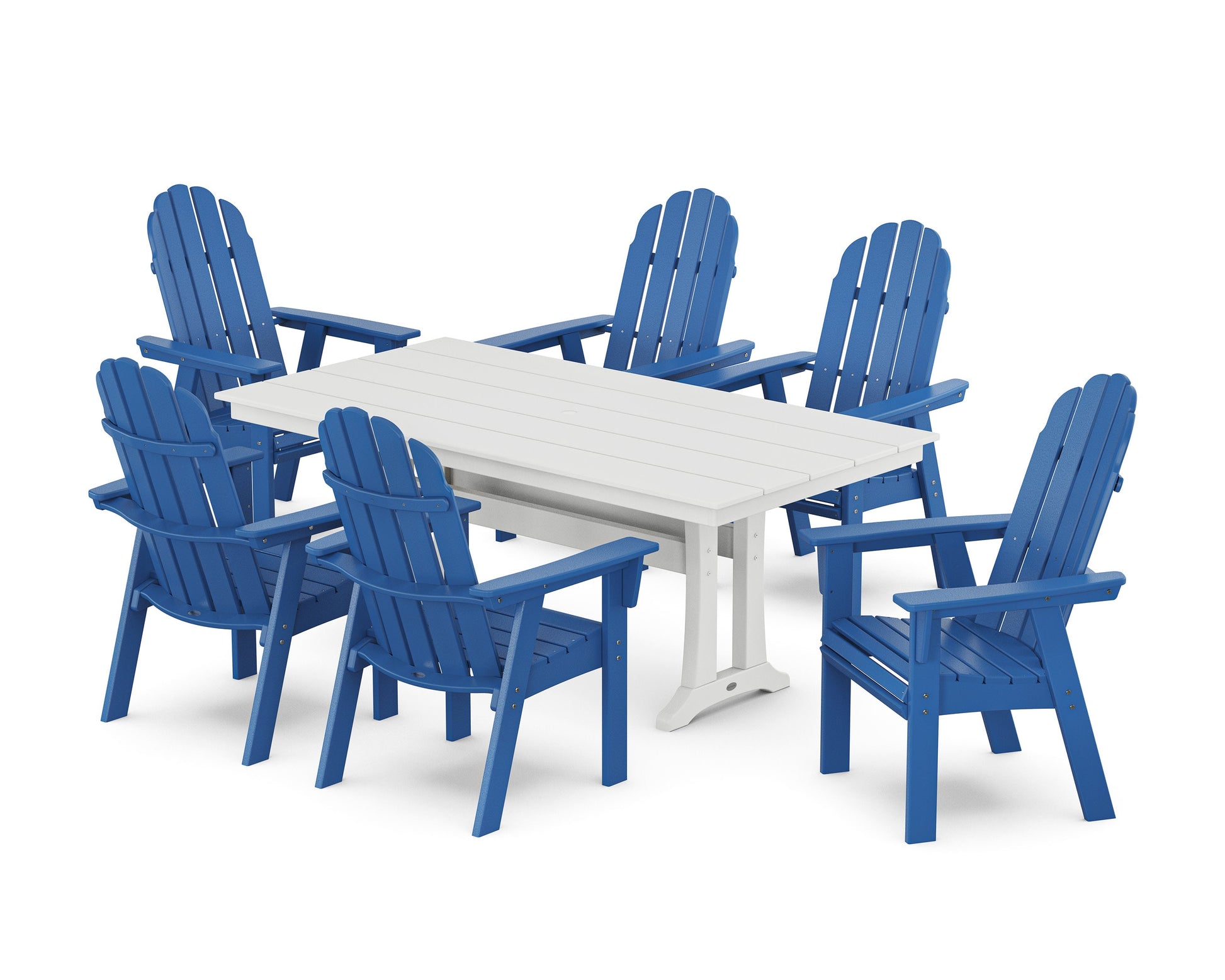 POLYWOOD Vineyard Curveback Adirondack Chair 7-Piece Farmhouse Dining Set with Trestle Legs — Pacific Blue / White