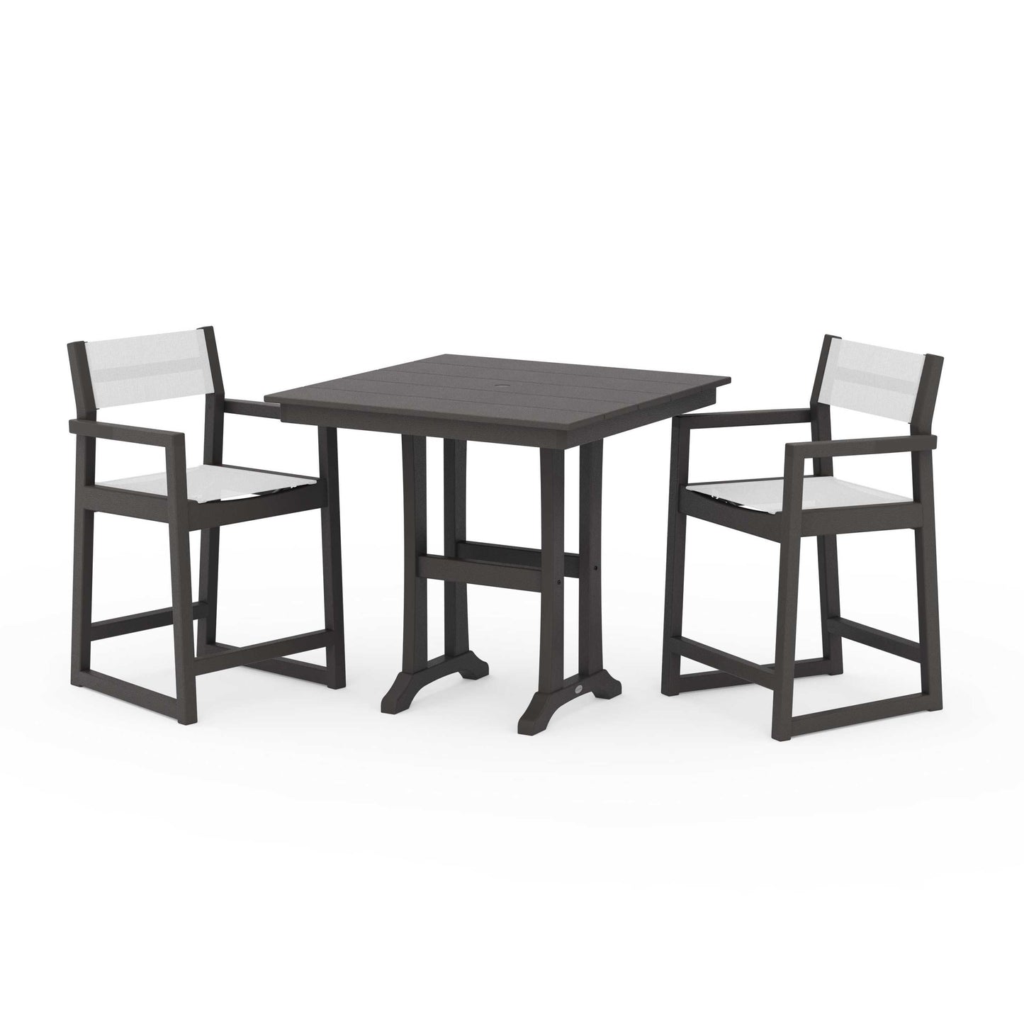 POLYWOOD EDGE Sling Arm Chair 3-Piece Farmhouse Counter Set with Trestle Legs — Vintage Coffee / White Sling