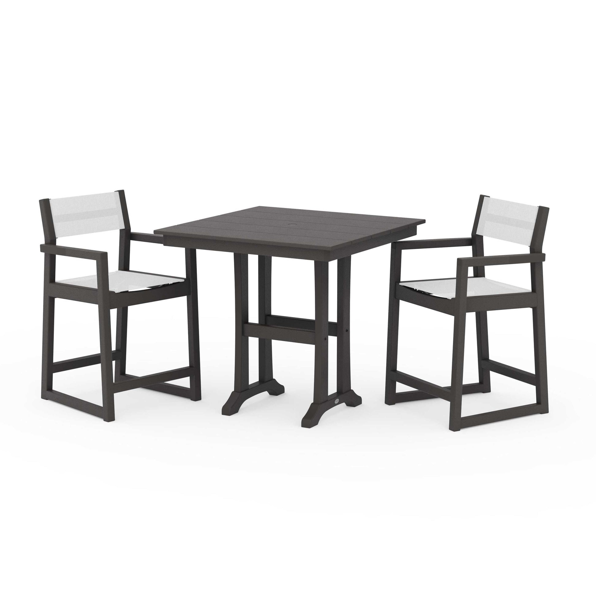 POLYWOOD EDGE Sling Arm Chair 3-Piece Farmhouse Counter Set with Trestle Legs — Vintage Coffee / White Sling