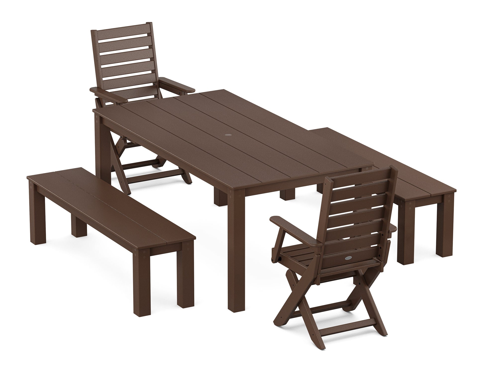 POLYWOOD Captain Folding Chair 5-Piece Parsons Dining Set with Benches — Mahogany