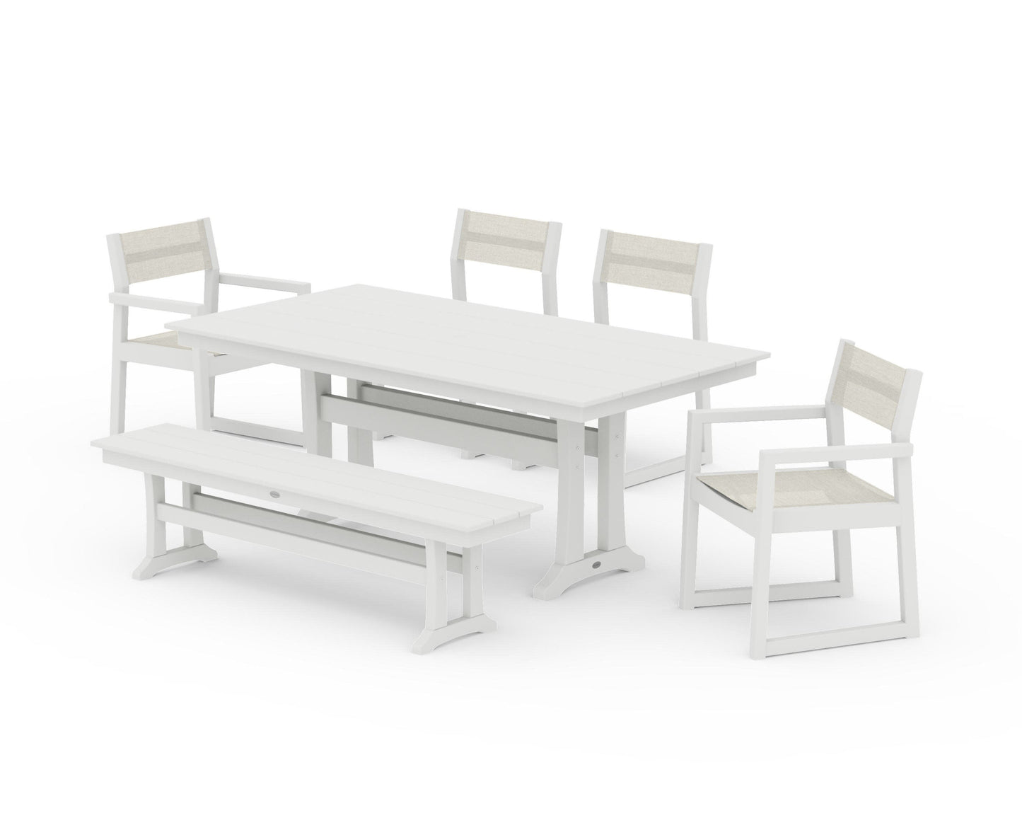POLYWOOD EDGE Sling 6-Piece Farmhouse Dining Set With Trestle Legs — Vintage White / Parchment Sling