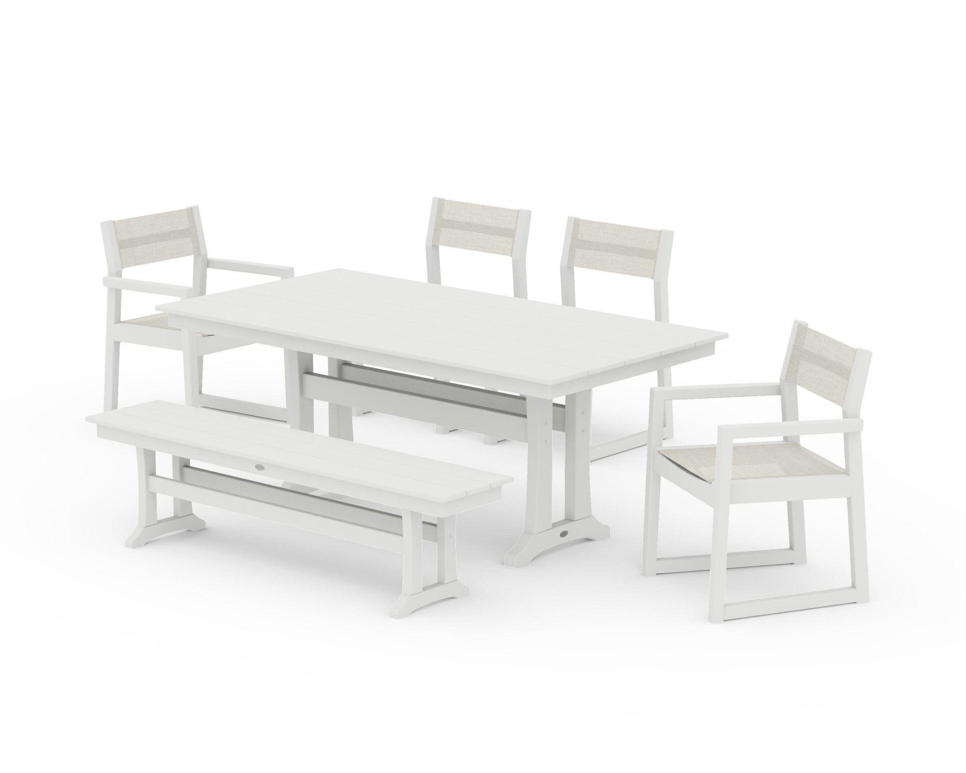 POLYWOOD EDGE Sling 6-Piece Farmhouse Dining Set With Trestle Legs — Vintage White / Parchment Sling