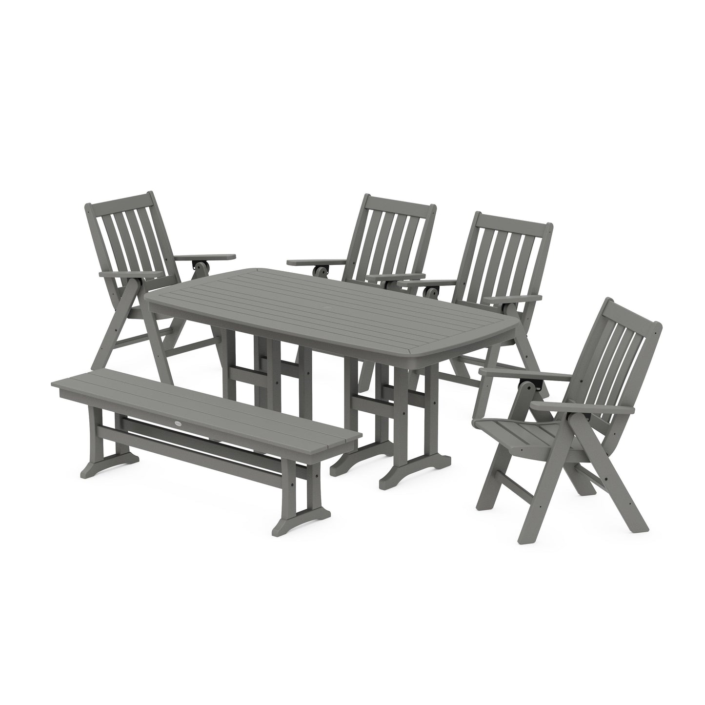 POLYWOOD Vineyard Folding Chair 6-Piece Dining Set with Bench — Slate Grey