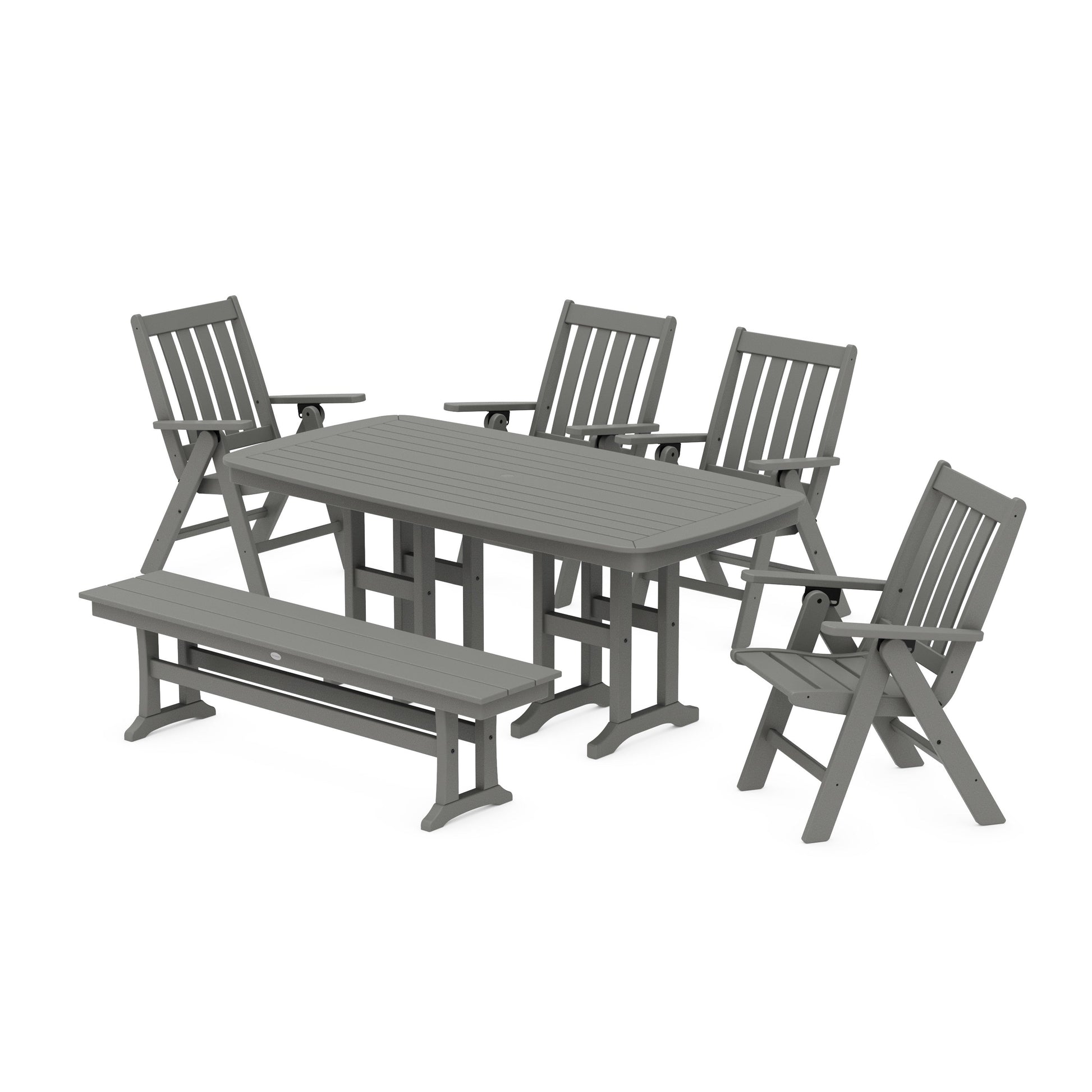 POLYWOOD Vineyard Folding Chair 6-Piece Dining Set with Bench — Slate Grey