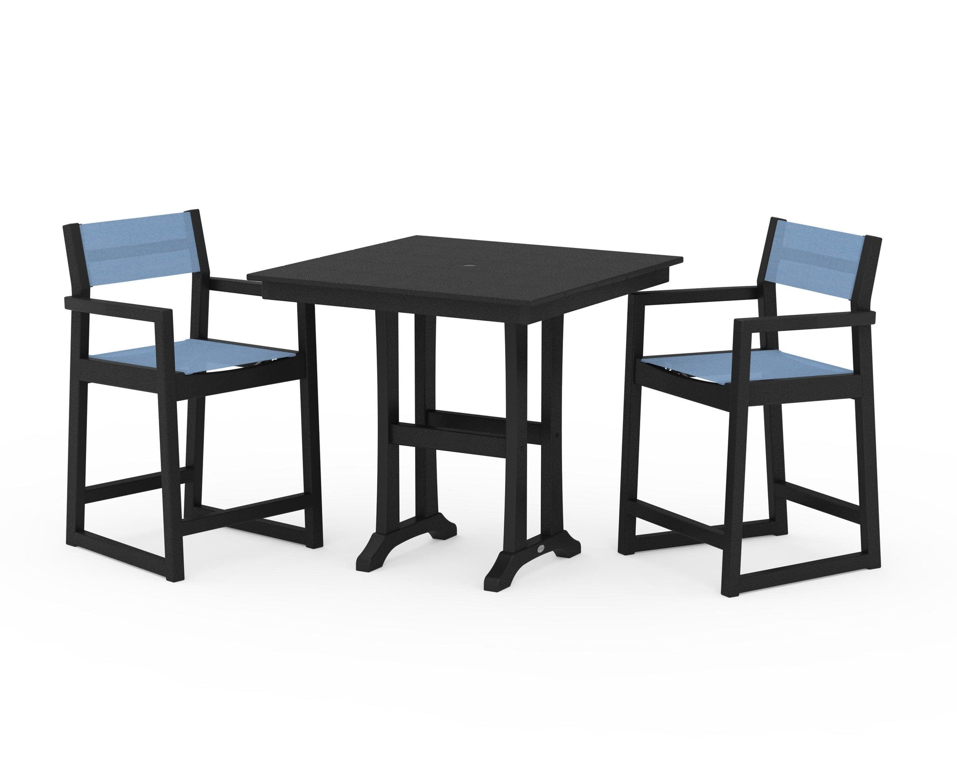 POLYWOOD EDGE Sling Arm Chair 3-Piece Farmhouse Counter Set with Trestle Legs — Black / Poolside Sling