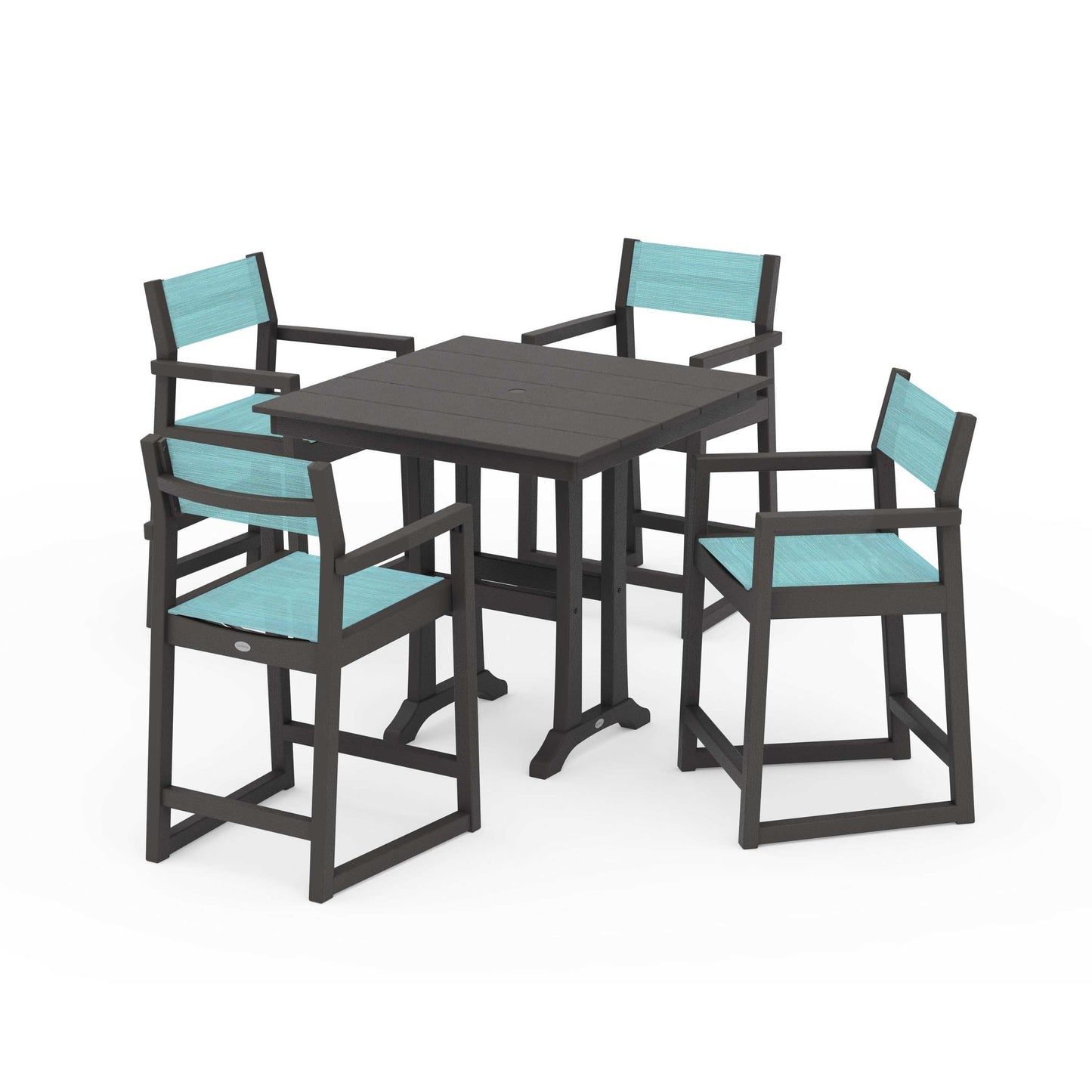 POLYWOOD EDGE Sling Arm Chair 5-Piece Farmhouse Counter Set with Trestle Legs — Vintage Coffee / Dupioni Aquamarine Sling