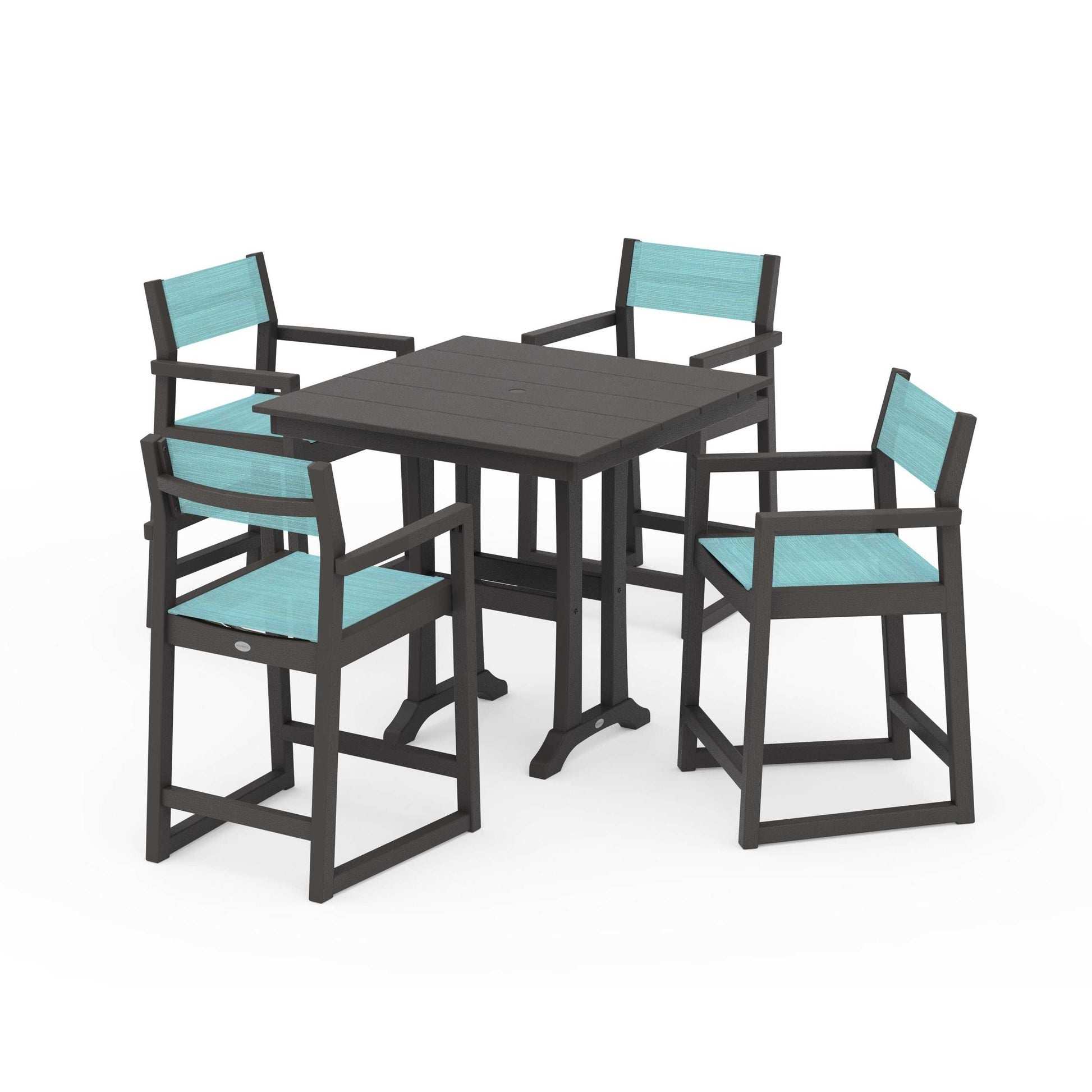 POLYWOOD EDGE Sling Arm Chair 5-Piece Farmhouse Counter Set with Trestle Legs — Vintage Coffee / Dupioni Aquamarine Sling