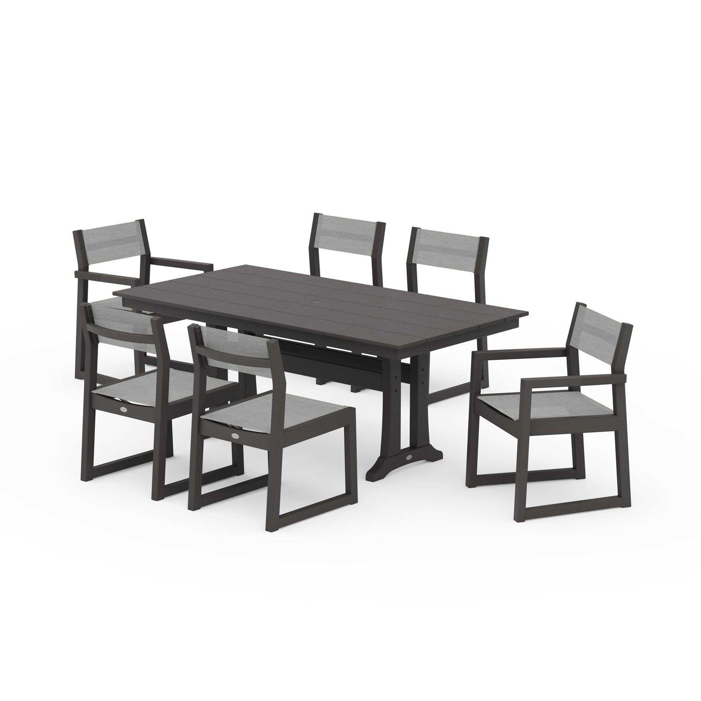 POLYWOOD EDGE Sling 7-Piece Farmhouse Trestle Dining Set — Vintage Coffee / Metallic Sling