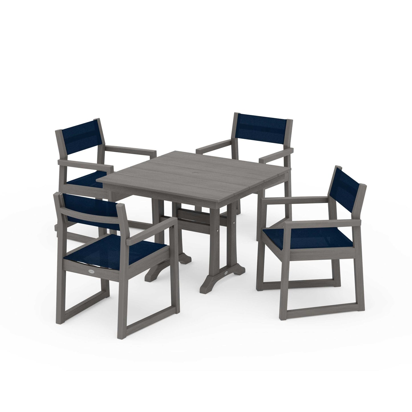 POLYWOOD EDGE Sling 5-Piece Farmhouse Dining Set with Trestle Legs — Driftwood / Navy Blue Sling