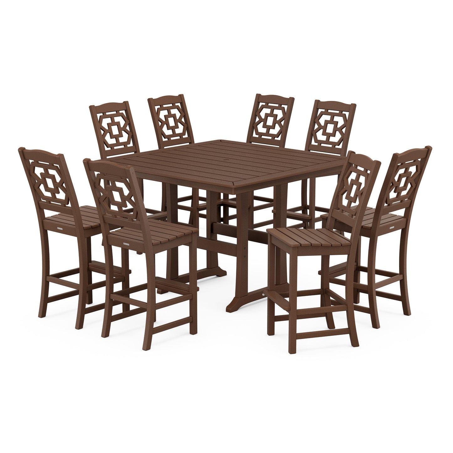 POLYWOOD Chinoiserie 9-Piece Square Side Chair Bar Set with Trestle Legs — Mahogany