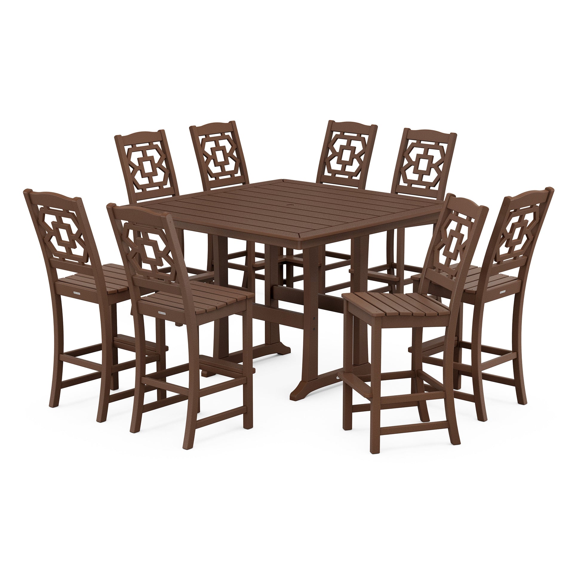 POLYWOOD Chinoiserie 9-Piece Square Side Chair Bar Set with Trestle Legs — Mahogany