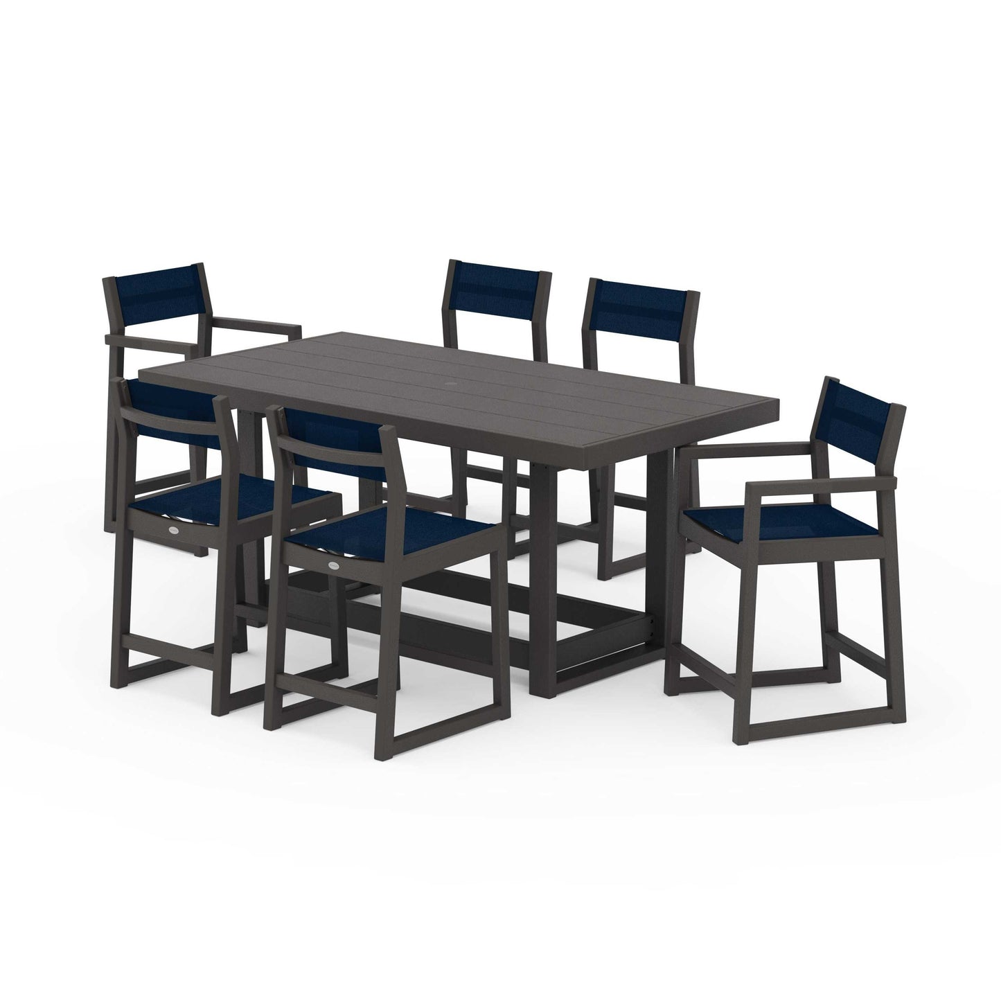 POLYWOOD EDGE Sling 7-Piece Counter Table Set — Vintage Coffee / Navy Blue Sling