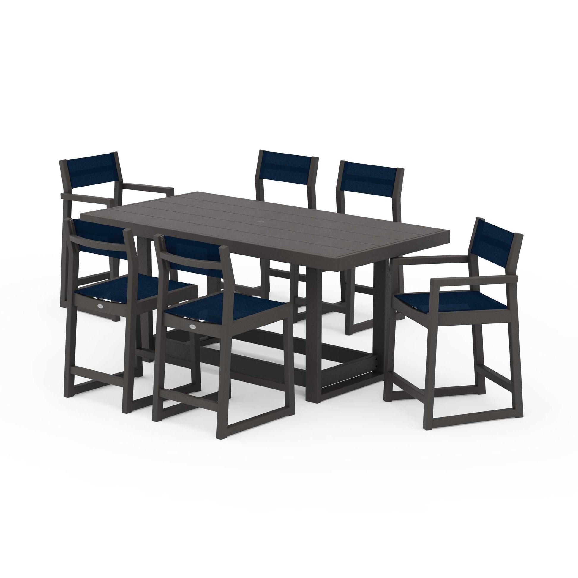 POLYWOOD EDGE Sling 7-Piece Counter Table Set — Vintage Coffee / Navy Blue Sling