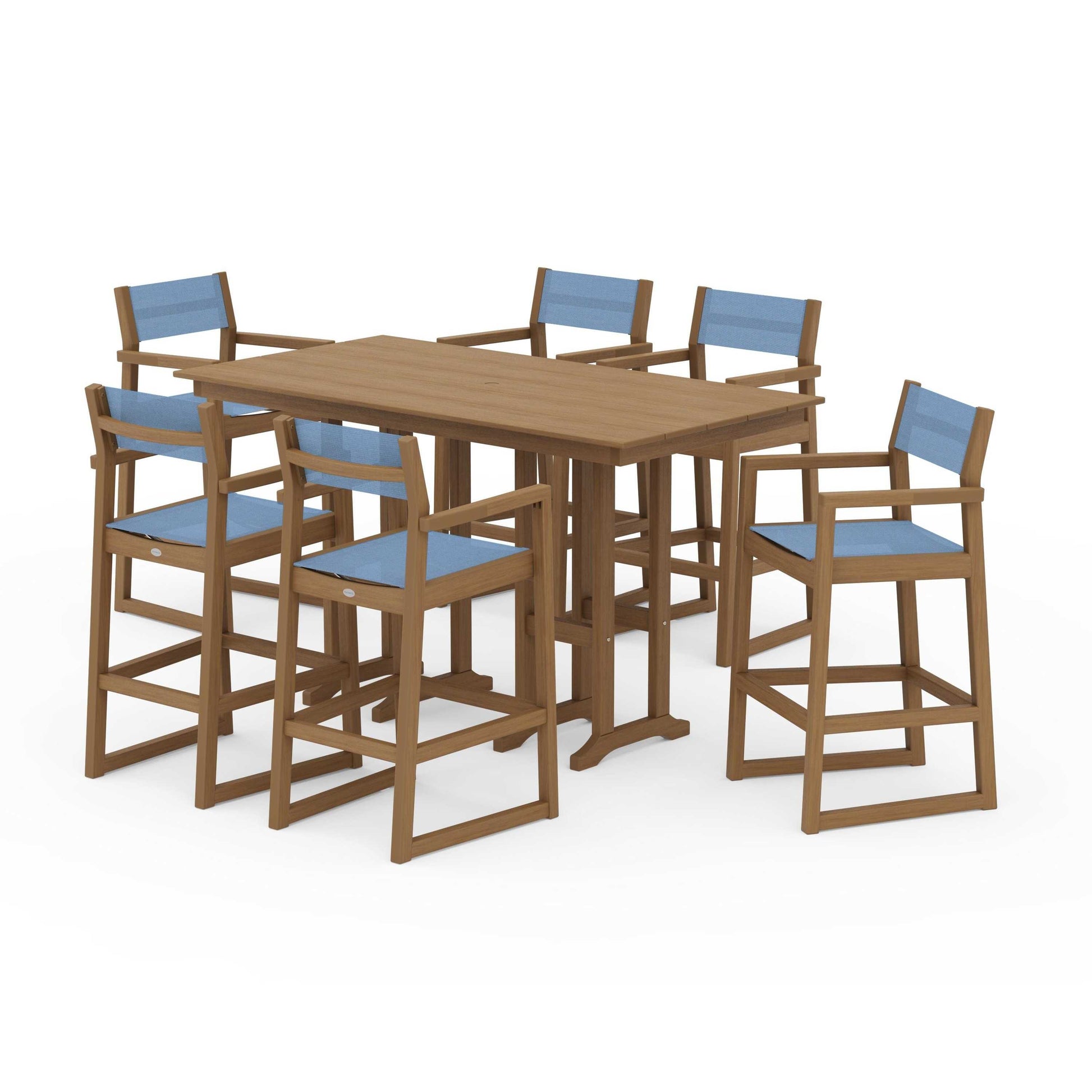 POLYWOOD EDGE Sling Arm Chair 7-Piece Farmhouse Bar Set — Natural / Poolside Sling