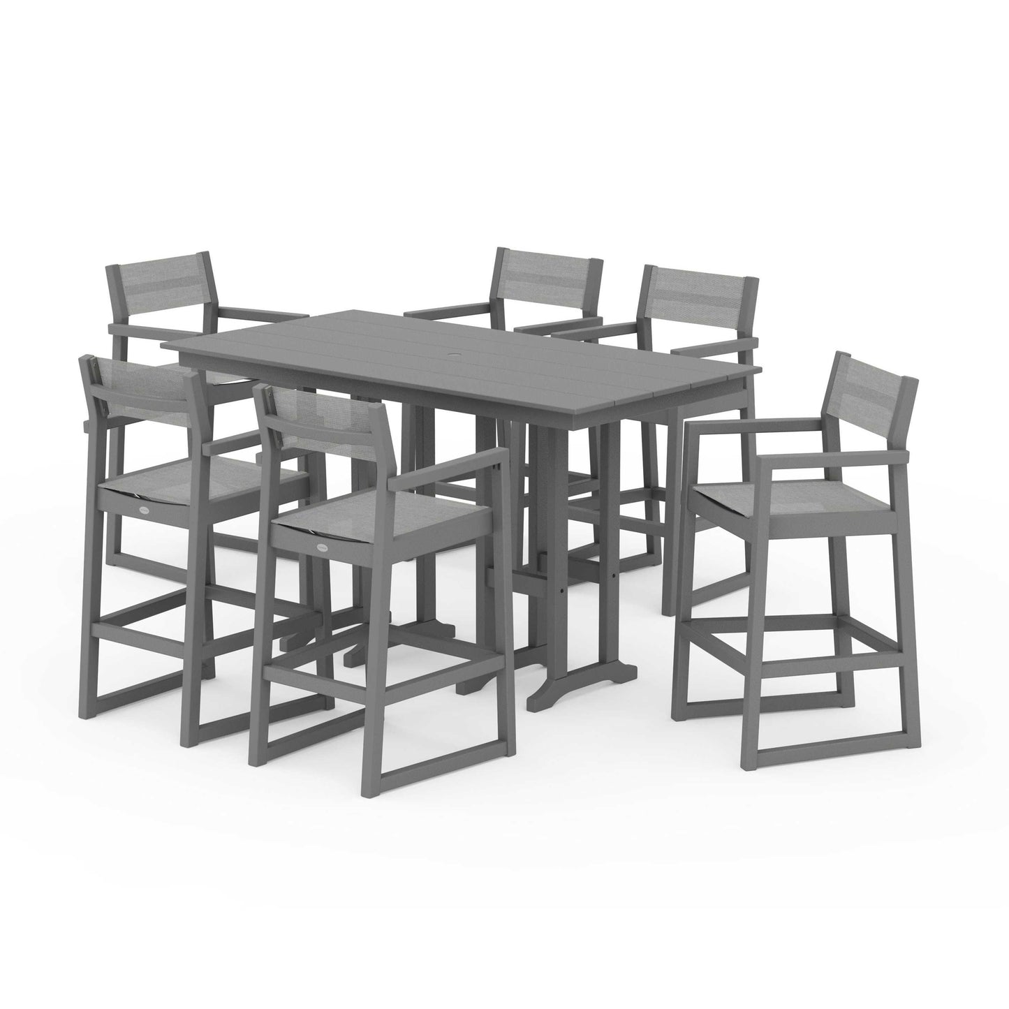POLYWOOD EDGE Sling Arm Chair 7-Piece Farmhouse Bar Set — Slate Grey / Metallic Sling