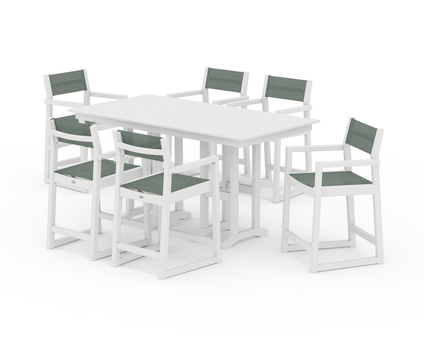 POLYWOOD EDGE Sling Arm Chair 7-Piece Farmhouse Counter Set — White / Dupioni Sea Mist Sling