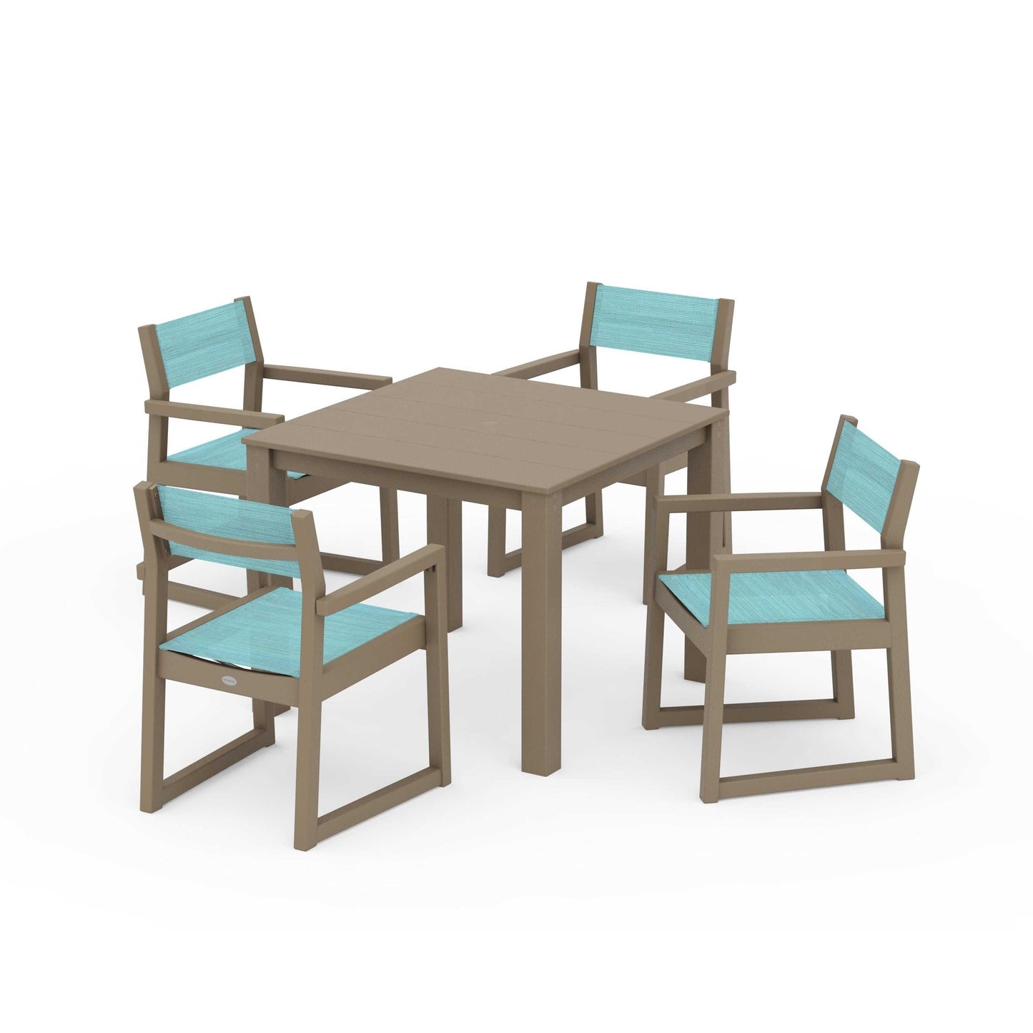 POLYWOOD EDGE Sling Arm Chair 5-Piece Parsons Dining Set — Vintage Sahara / Dupioni Aquamarine Sling