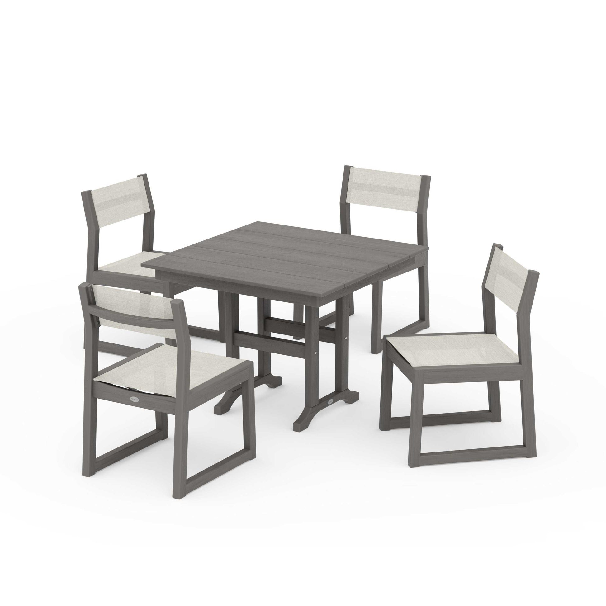 POLYWOOD EDGE Sling Side Chair 5-Piece Farmhouse Dining Set — Driftwood / Parchment Sling