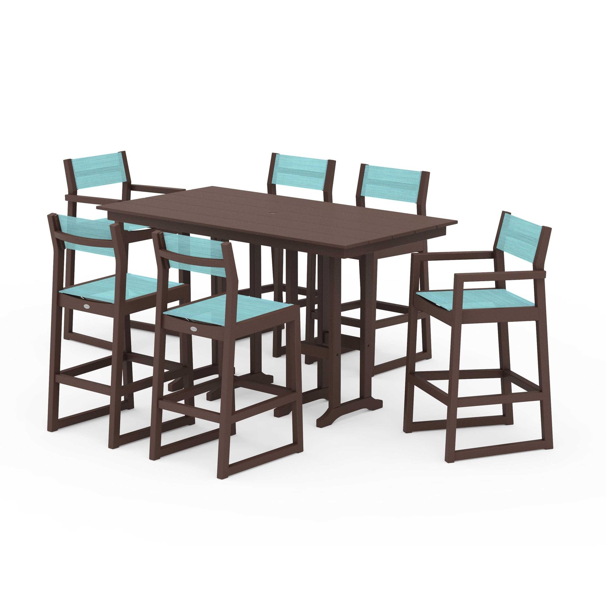 POLYWOOD EDGE Sling 7-Piece Farmhouse Bar Set — Mahogany / Dupioni Aquamarine Sling