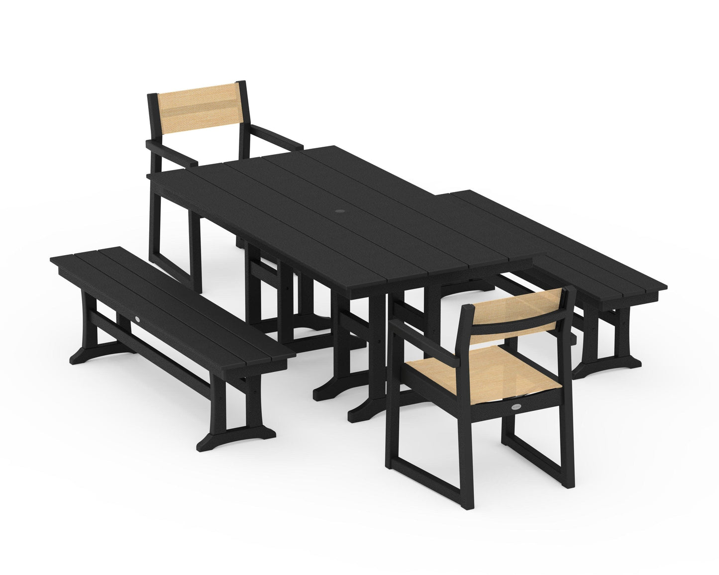POLYWOOD EDGE Sling Arm Chair 5-Piece Farmhouse Dining Set with Benches — Black / Dupioni Apricot Sling