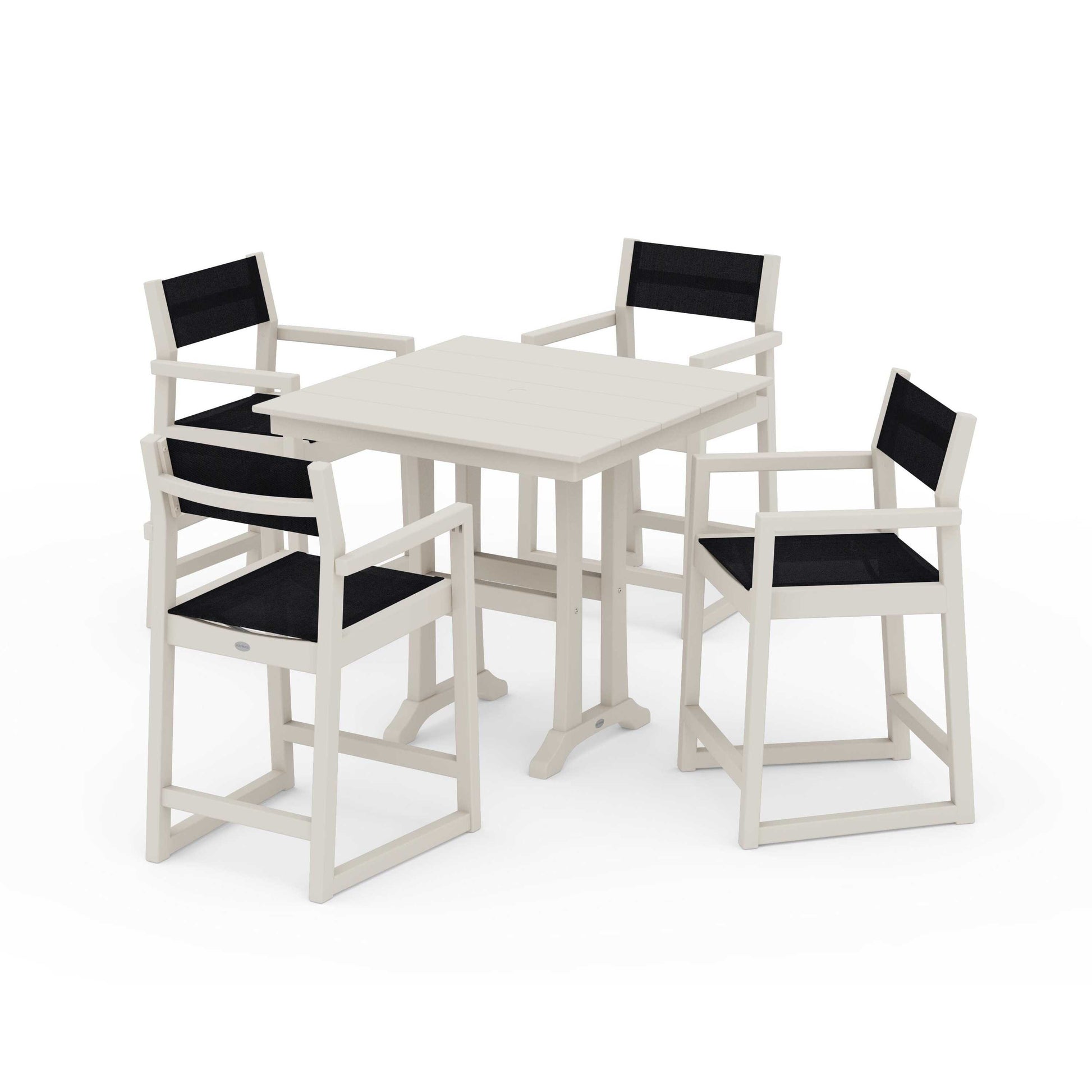 POLYWOOD EDGE Sling Arm Chair 5-Piece Farmhouse Counter Set with Trestle Legs — Sand / Black Sling