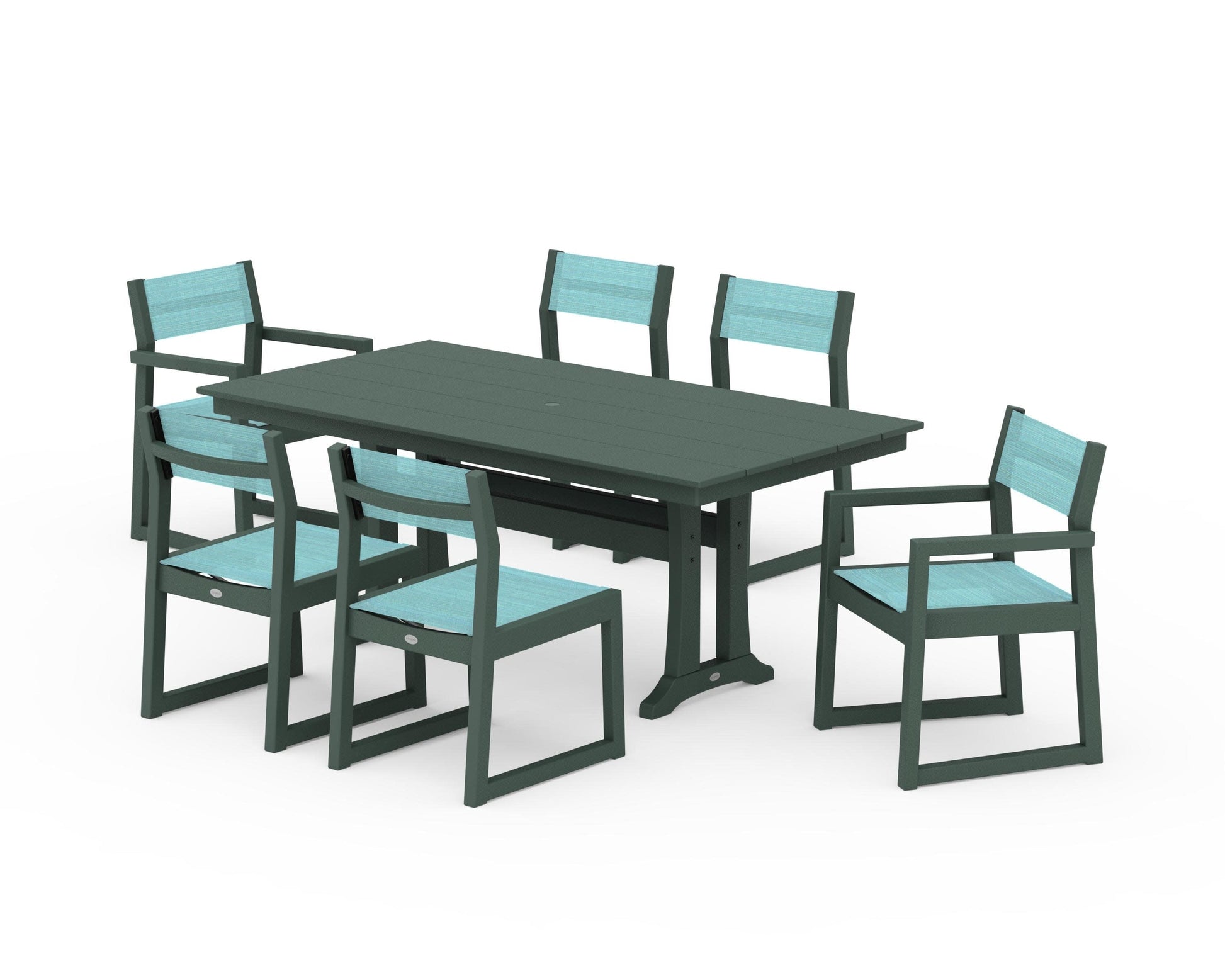 POLYWOOD EDGE Sling 7-Piece Farmhouse Trestle Dining Set — Green / Dupioni Aquamarine Sling