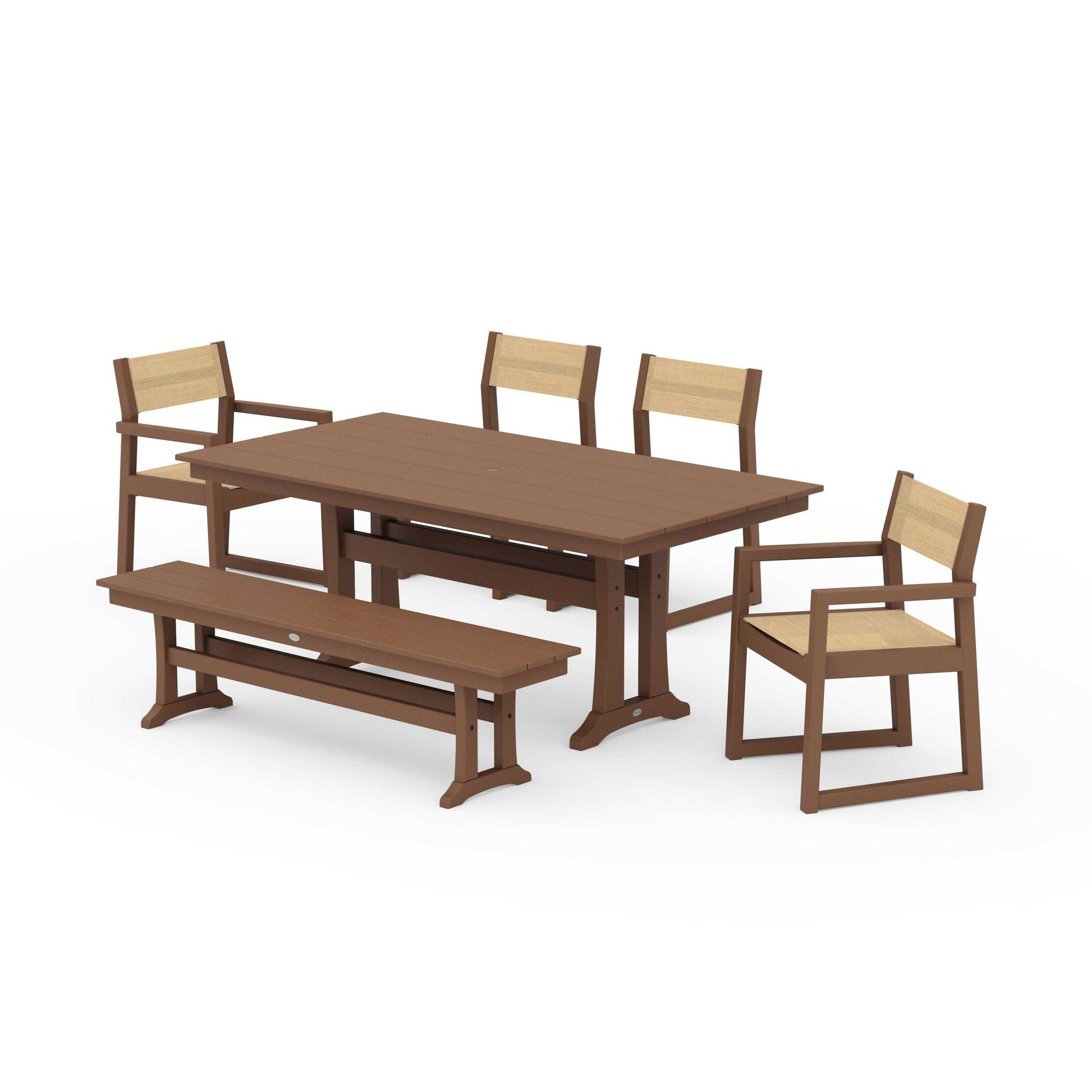 POLYWOOD EDGE Sling 6-Piece Farmhouse Dining Set With Trestle Legs — Teak / Dupioni Apricot Sling