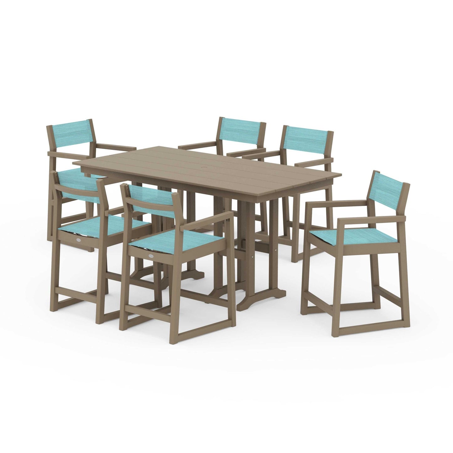 POLYWOOD EDGE Sling Arm Chair 7-Piece Farmhouse Counter Set — Vintage Sahara / Dupioni Aquamarine Sling