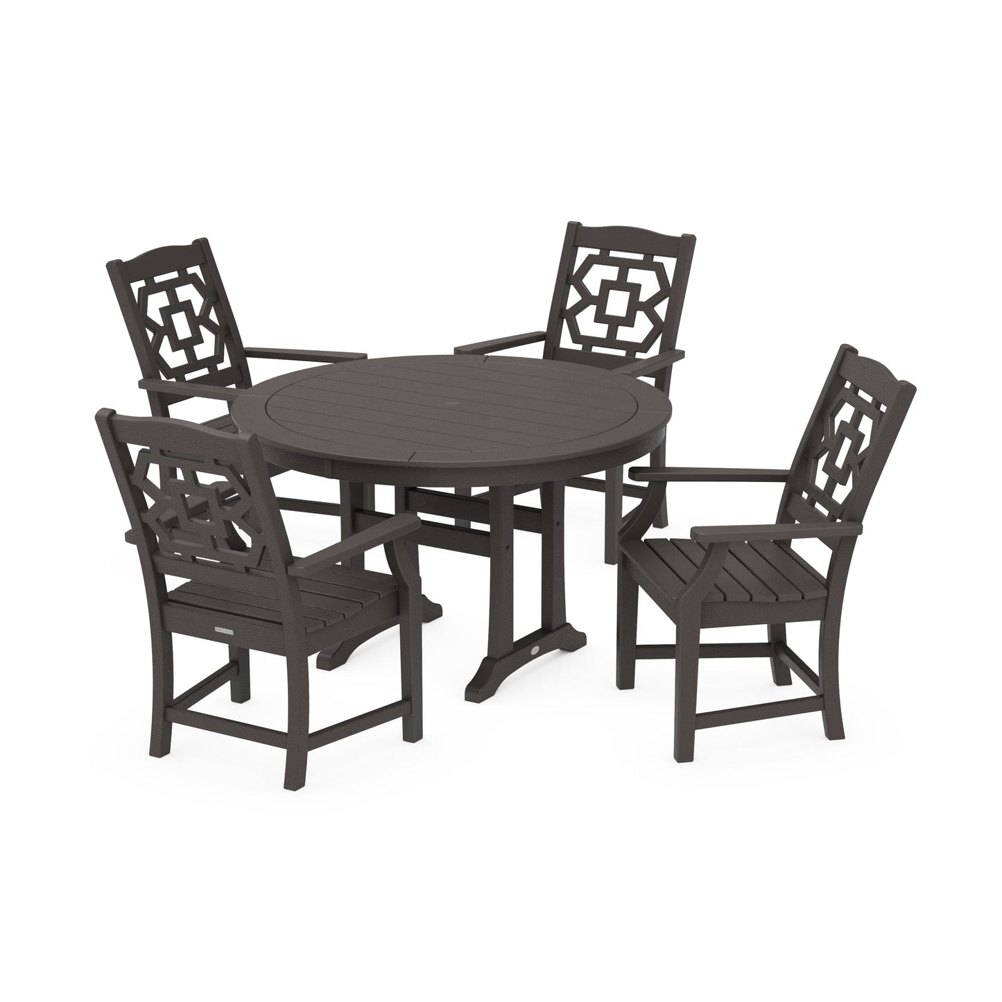 POLYWOOD Chinoiserie 5-Piece Round Dining Set with Trestle Legs — Vintage Coffee