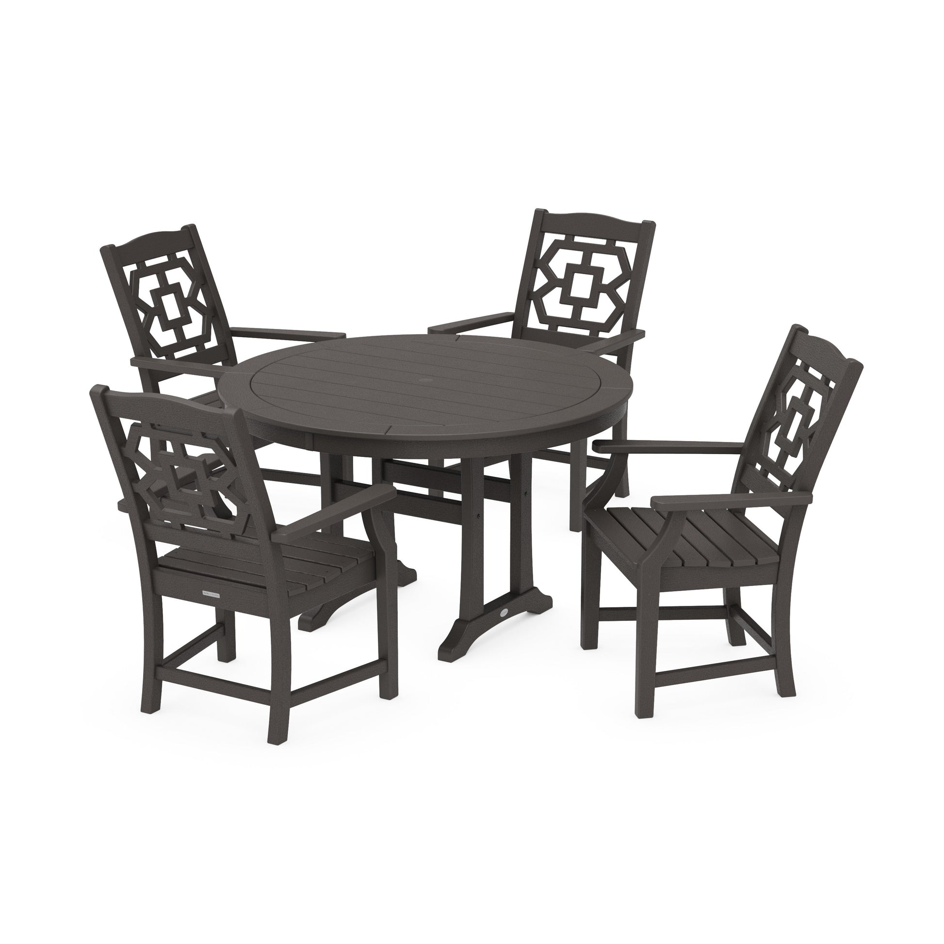POLYWOOD Chinoiserie 5-Piece Round Dining Set with Trestle Legs — Vintage Coffee