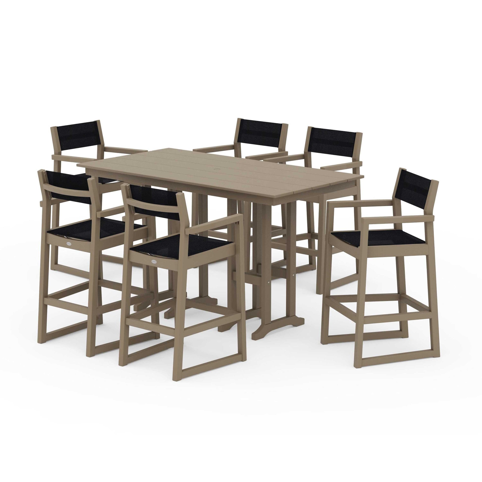 POLYWOOD EDGE Sling Arm Chair 7-Piece Farmhouse Bar Set — Vintage Sahara / Black Sling