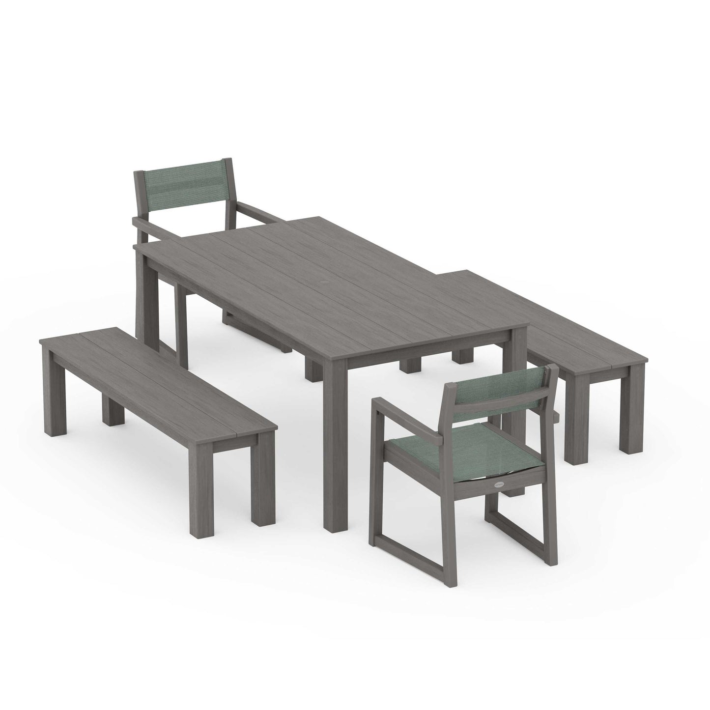 POLYWOOD EDGE Sling Arm Chair 5-Piece Parsons Dining Set with Benches — Driftwood / Dupioni Sea Mist Sling
