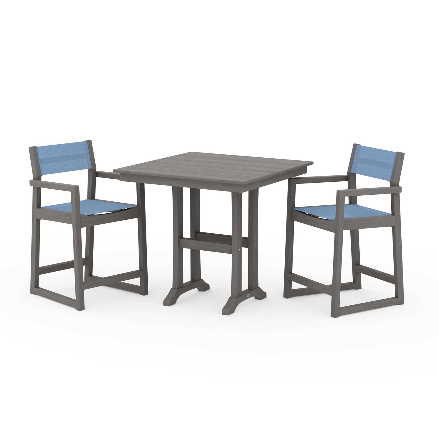 POLYWOOD EDGE Sling Arm Chair 3-Piece Farmhouse Counter Set with Trestle Legs — Driftwood / Poolside Sling