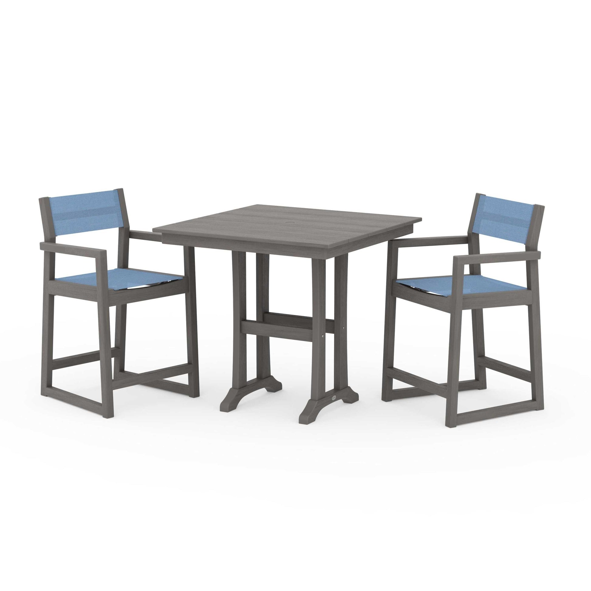 POLYWOOD EDGE Sling Arm Chair 3-Piece Farmhouse Counter Set with Trestle Legs — Driftwood / Poolside Sling