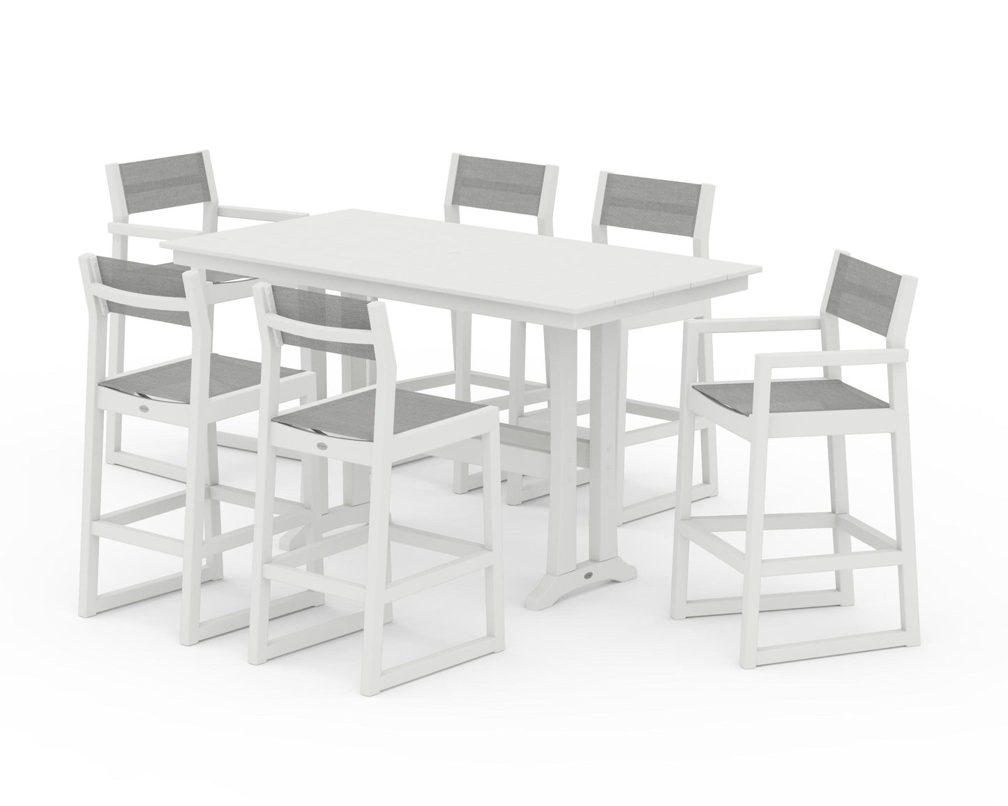 POLYWOOD EDGE Sling 7-Piece Farmhouse Bar Set with Trestle Legs — Vintage White / Metallic Sling