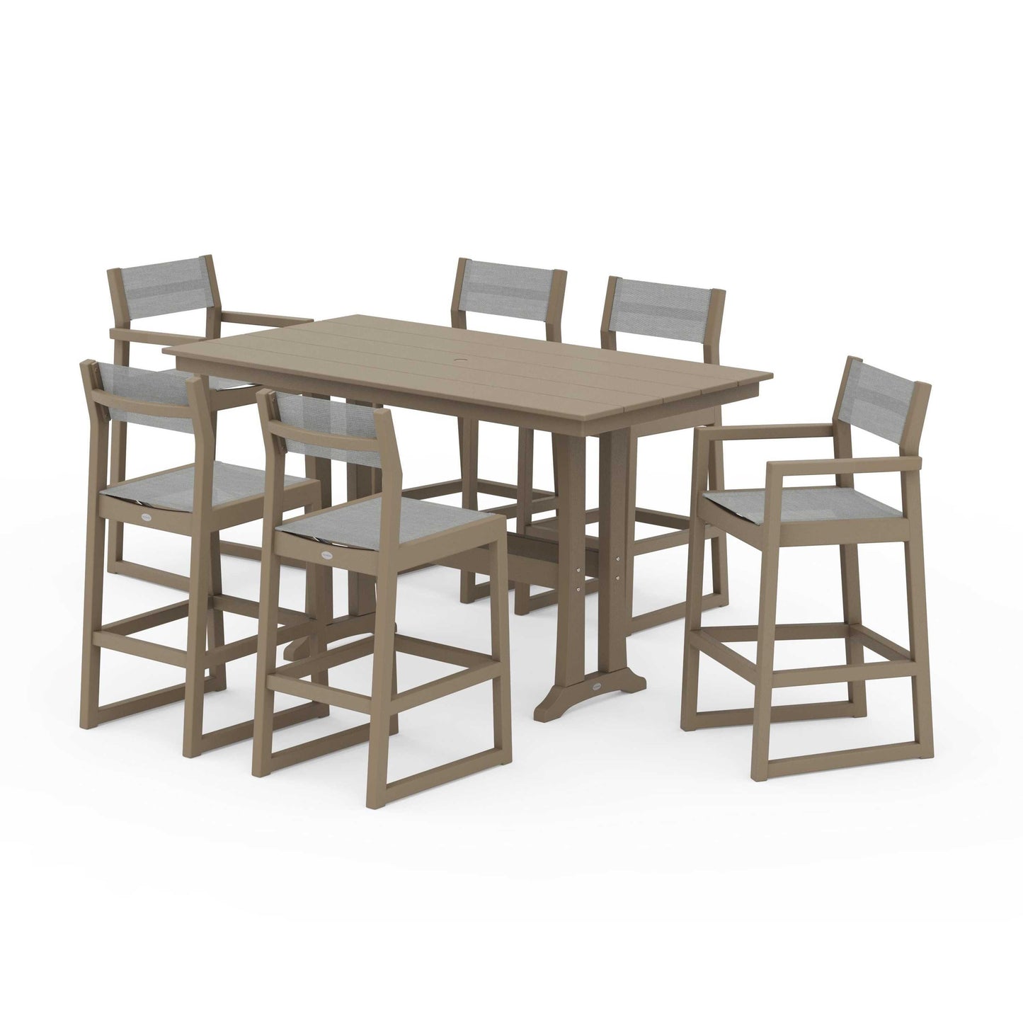 POLYWOOD EDGE Sling 7-Piece Farmhouse Bar Set with Trestle Legs — Vintage Sahara / Metallic Sling