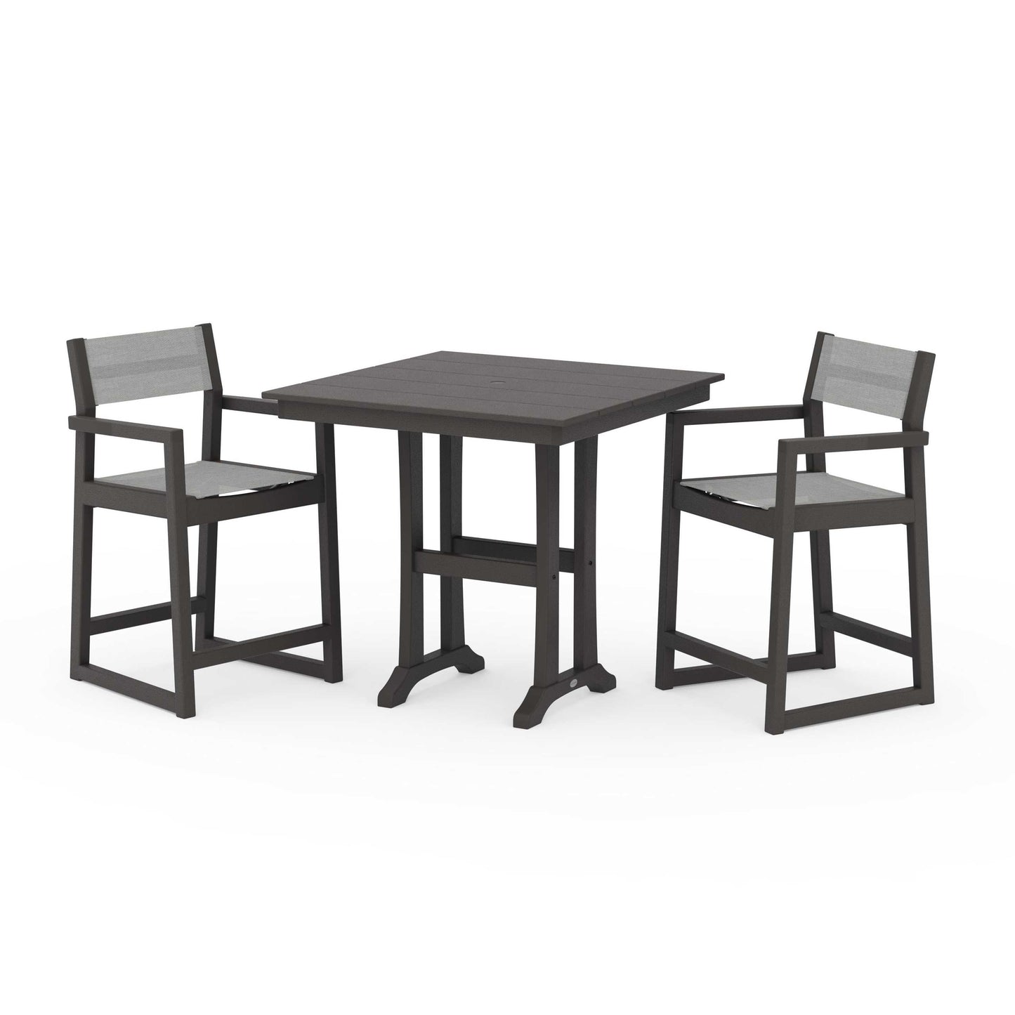 POLYWOOD EDGE Sling Arm Chair 3-Piece Farmhouse Counter Set with Trestle Legs — Vintage Coffee / Metallic Sling