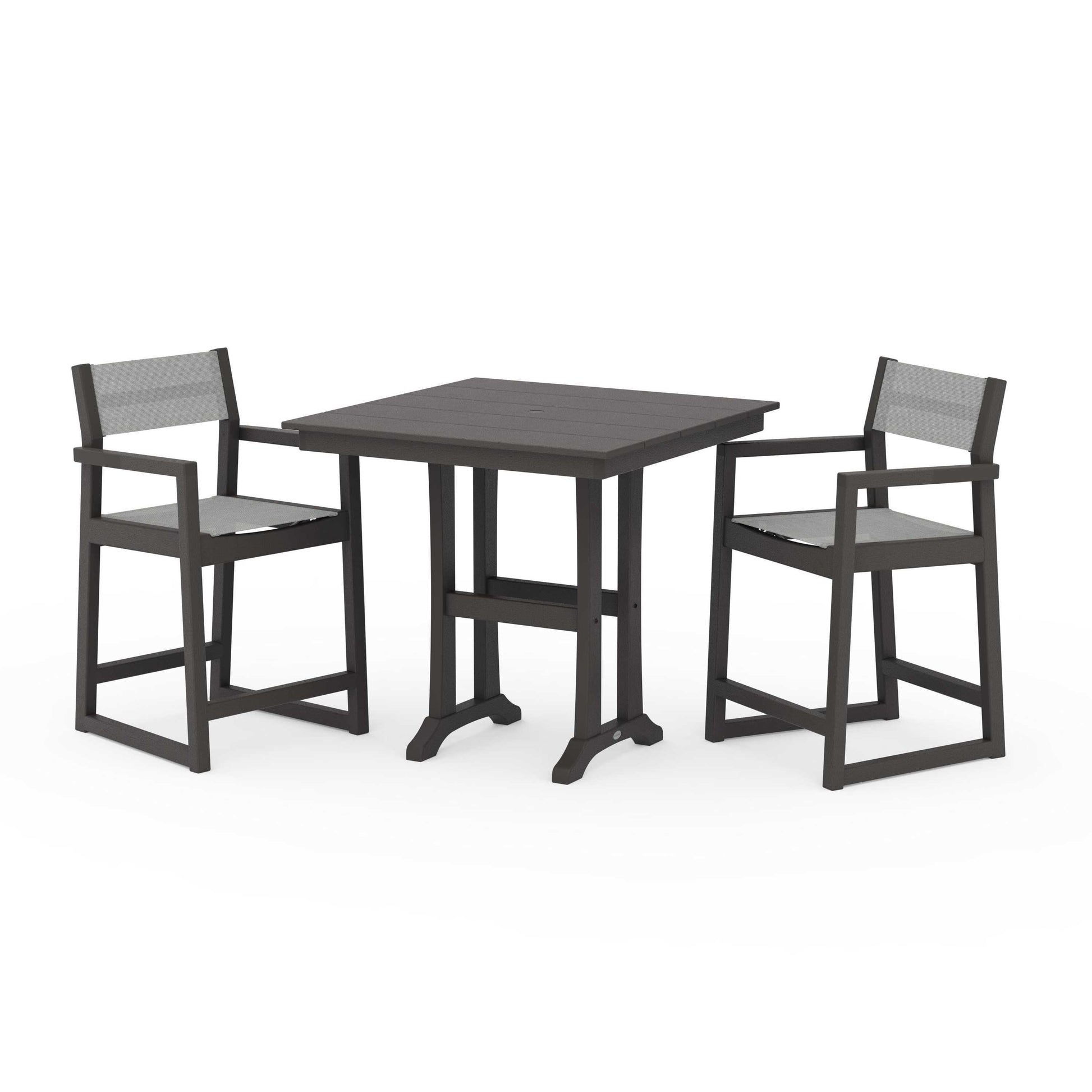 POLYWOOD EDGE Sling Arm Chair 3-Piece Farmhouse Counter Set with Trestle Legs — Vintage Coffee / Metallic Sling