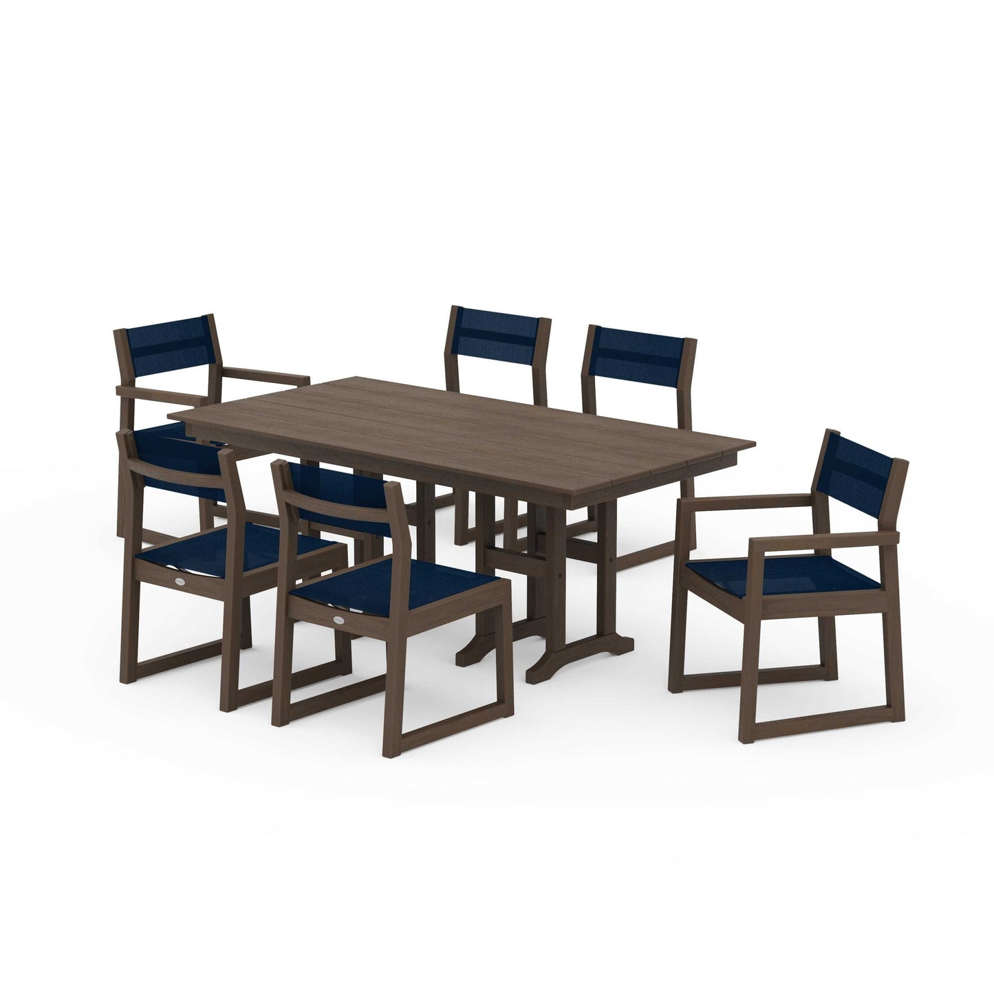 POLYWOOD EDGE Sling 7-Piece Farmhouse Dining Set — Kona / Navy Blue Sling