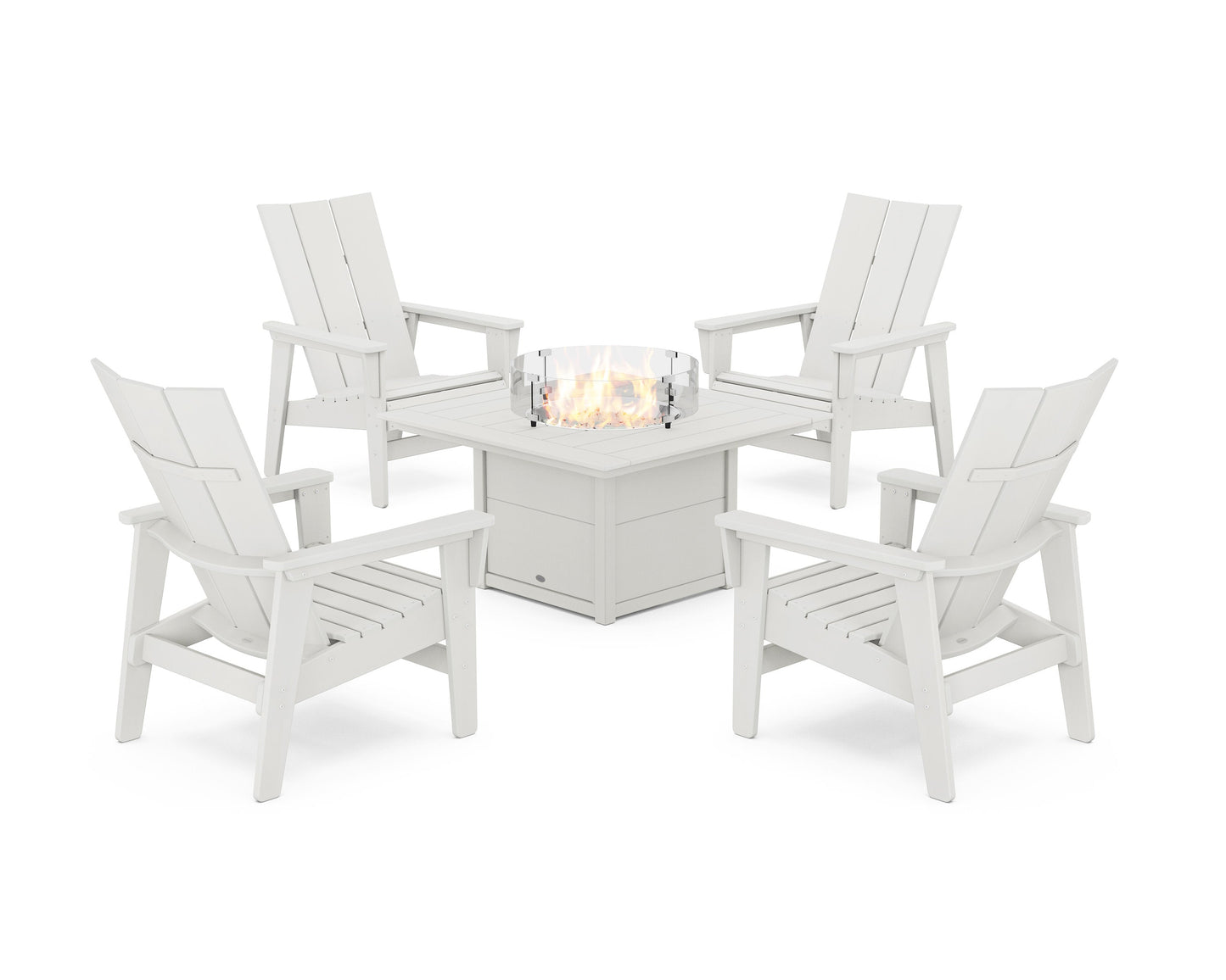 POLYWOOD 5-Piece Modern Grand Upright Adirondack Conversation Set with Fire Pit Table — Vintage White