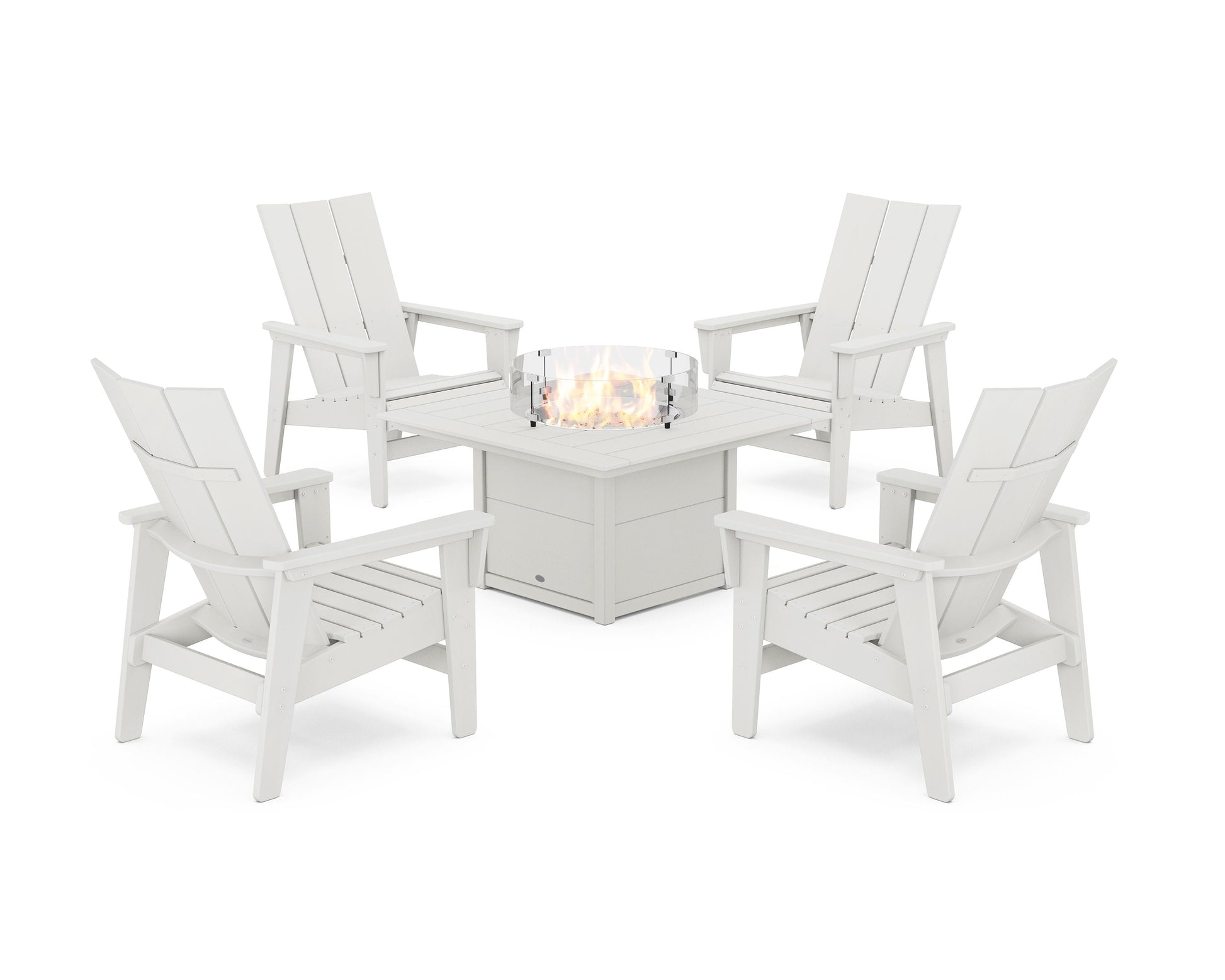 POLYWOOD 5-Piece Modern Grand Upright Adirondack Conversation Set with Fire Pit Table — Vintage White